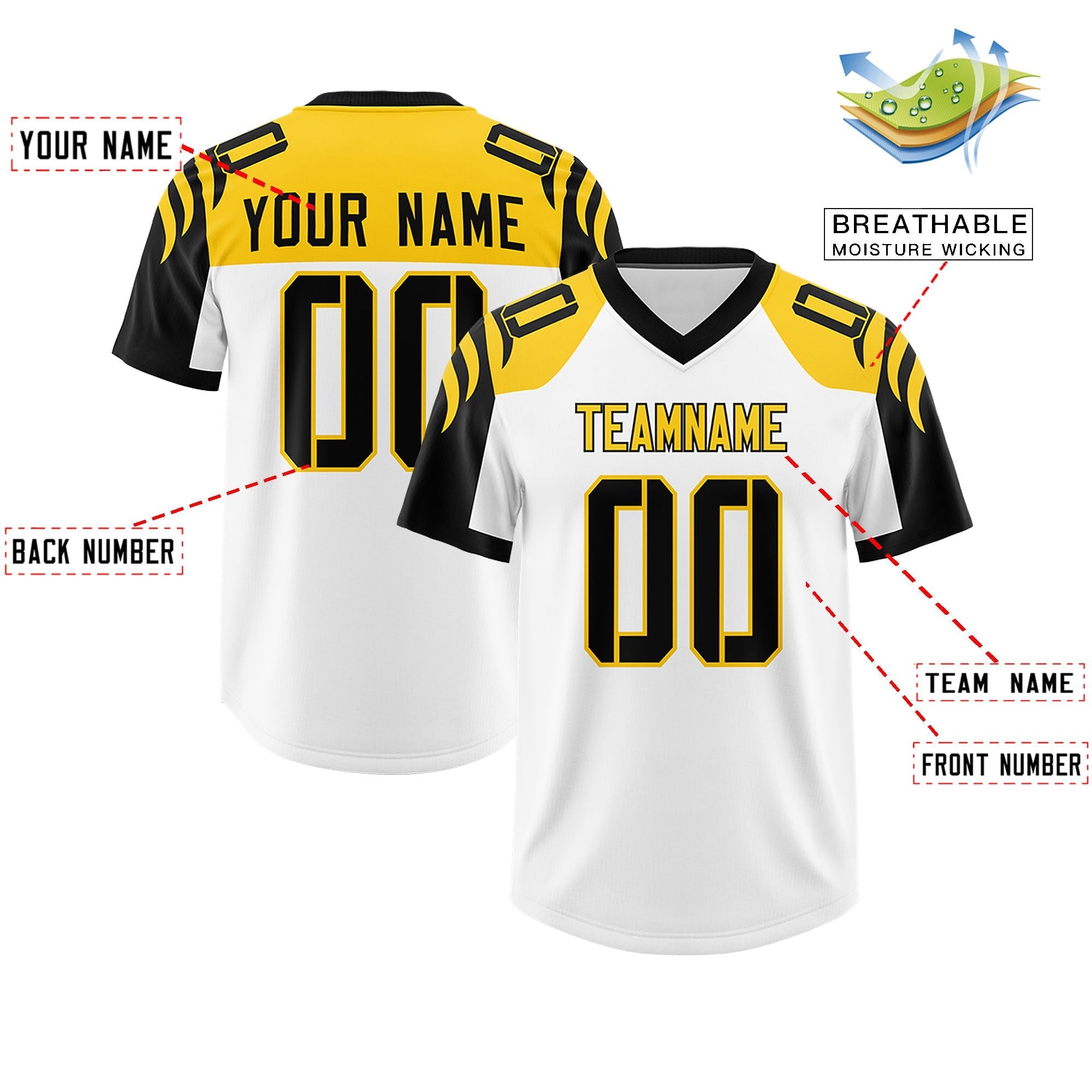 Custom White Black Raglan Sleeves Personalized Pattern Authentic American Football Jersey