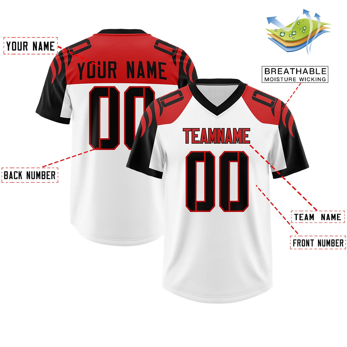 Custom White Black Raglan Sleeves Personalized Pattern Authentic American Football Jersey