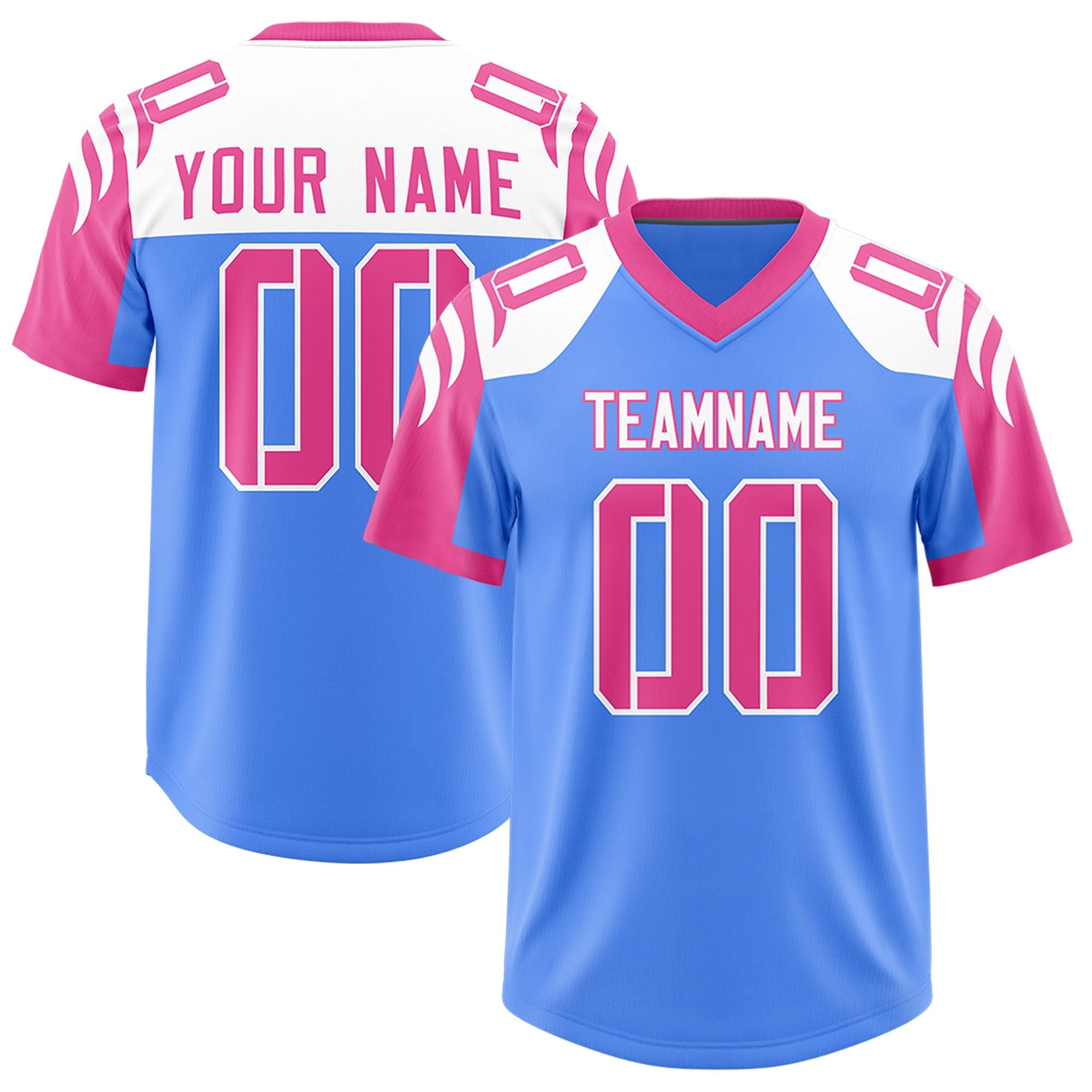 Custom Powder Blue Pink Raglan Sleeves Personalized Pattern Authentic American Football Jersey