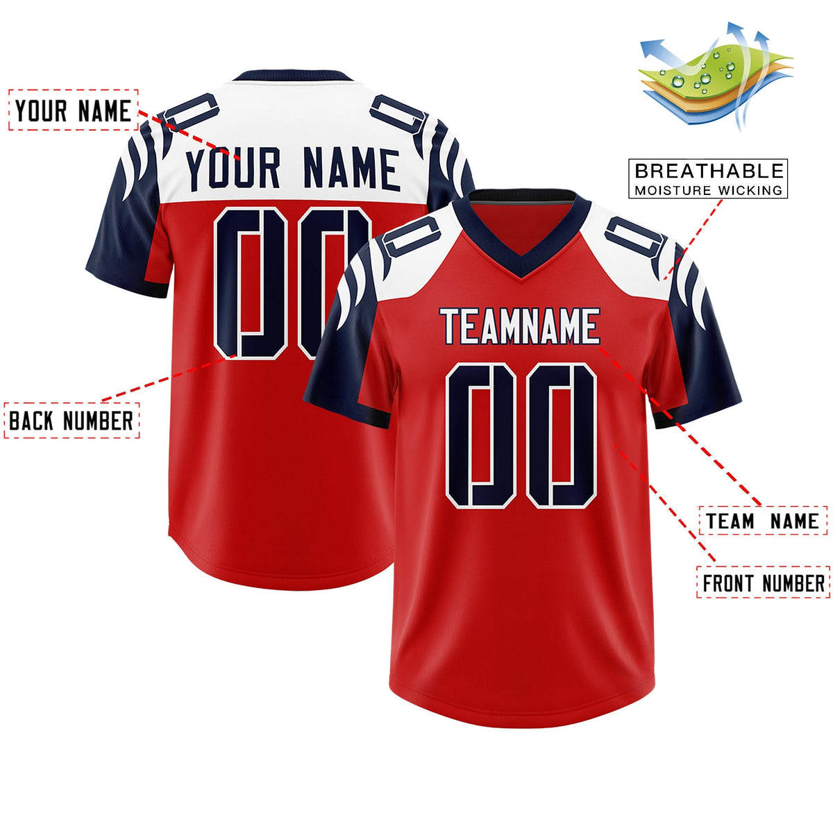 Custom Red Navy Raglan Sleeves Personalized Pattern Authentic American Football Jersey