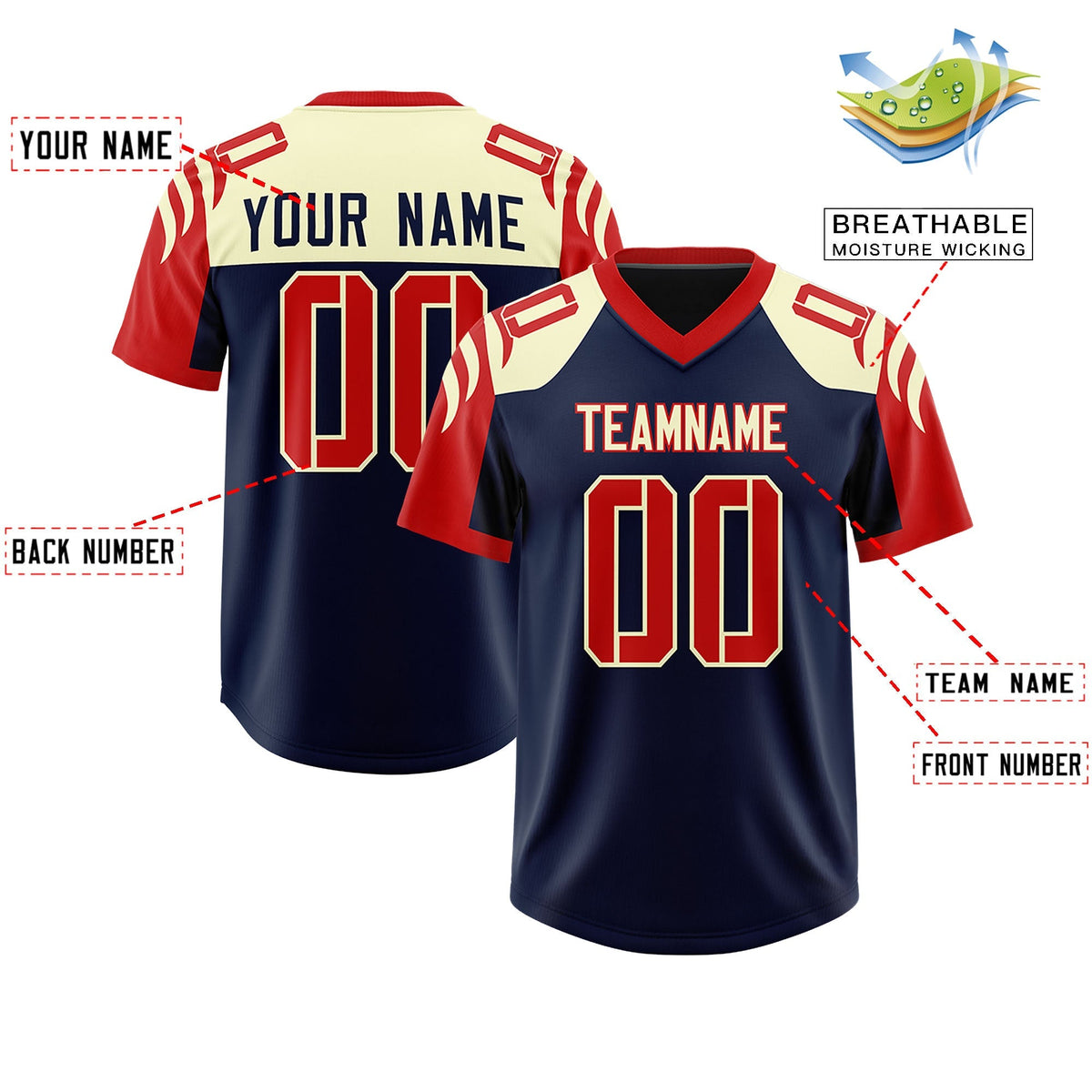 Custom Navy Red Raglan Sleeves Personalized Pattern Authentic American Football Jersey