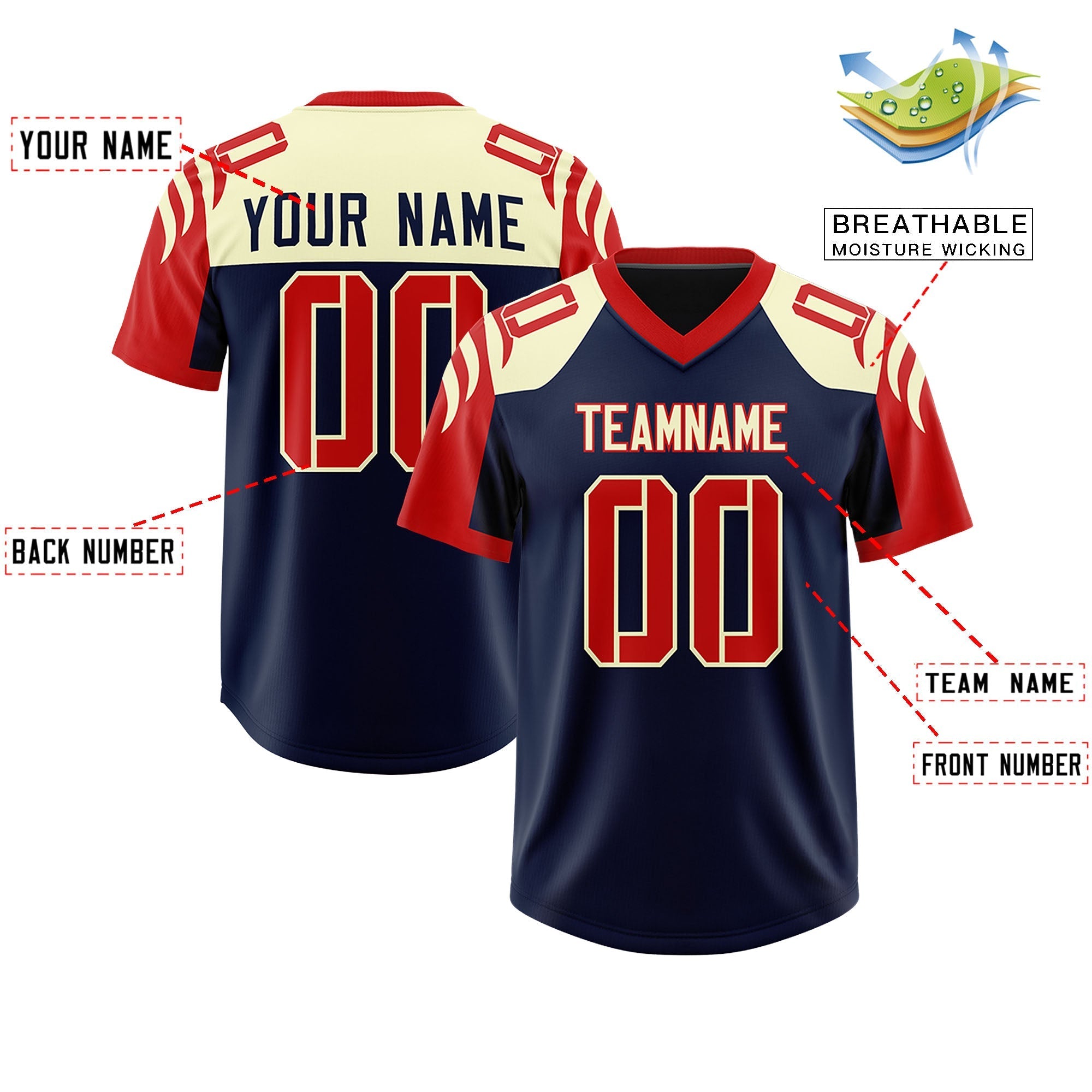 Custom Navy Red Raglan Sleeves Personalized Pattern Authentic American Football Jersey