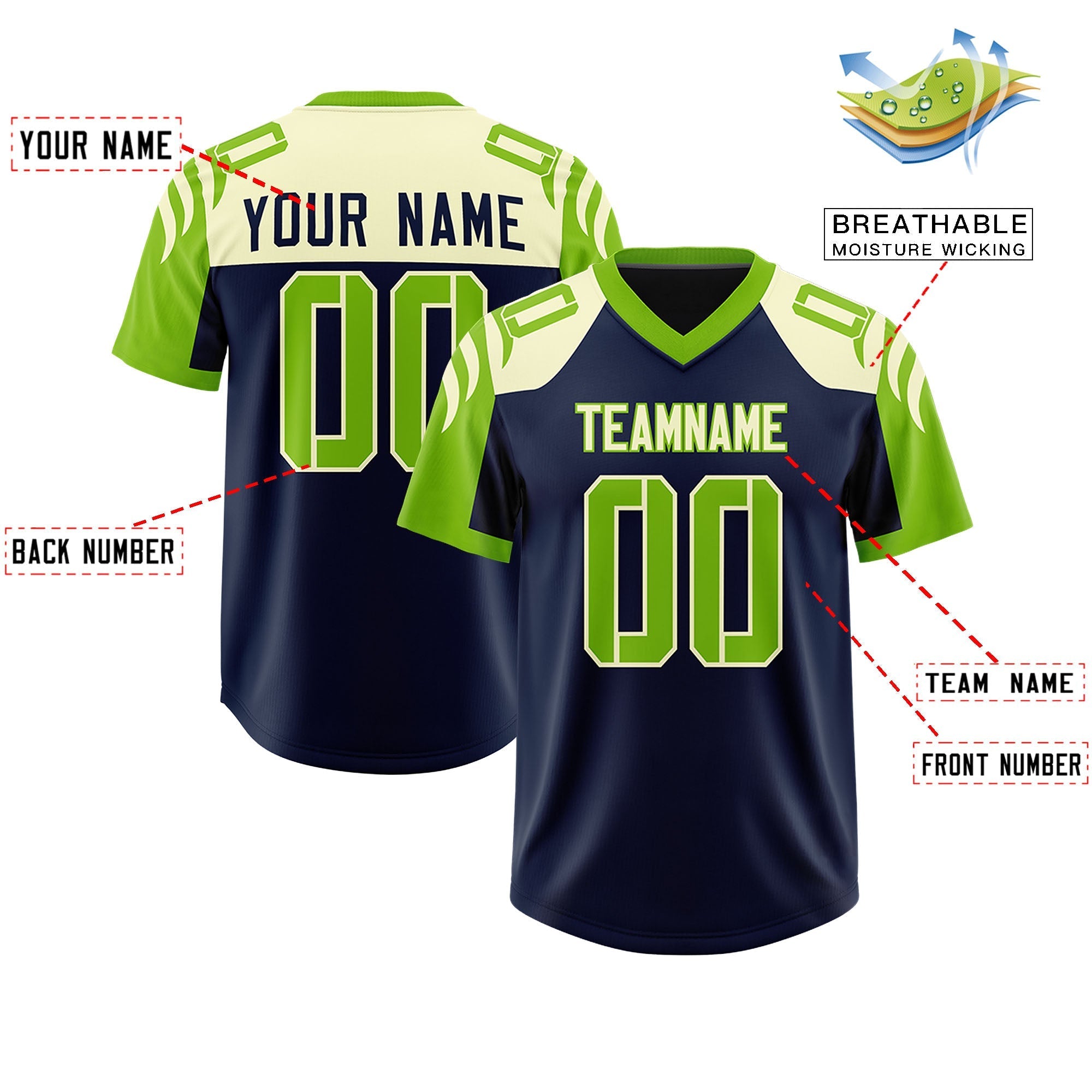 Custom Navy Neon Green Raglan Sleeves Personalized Pattern Authentic American Football Jersey