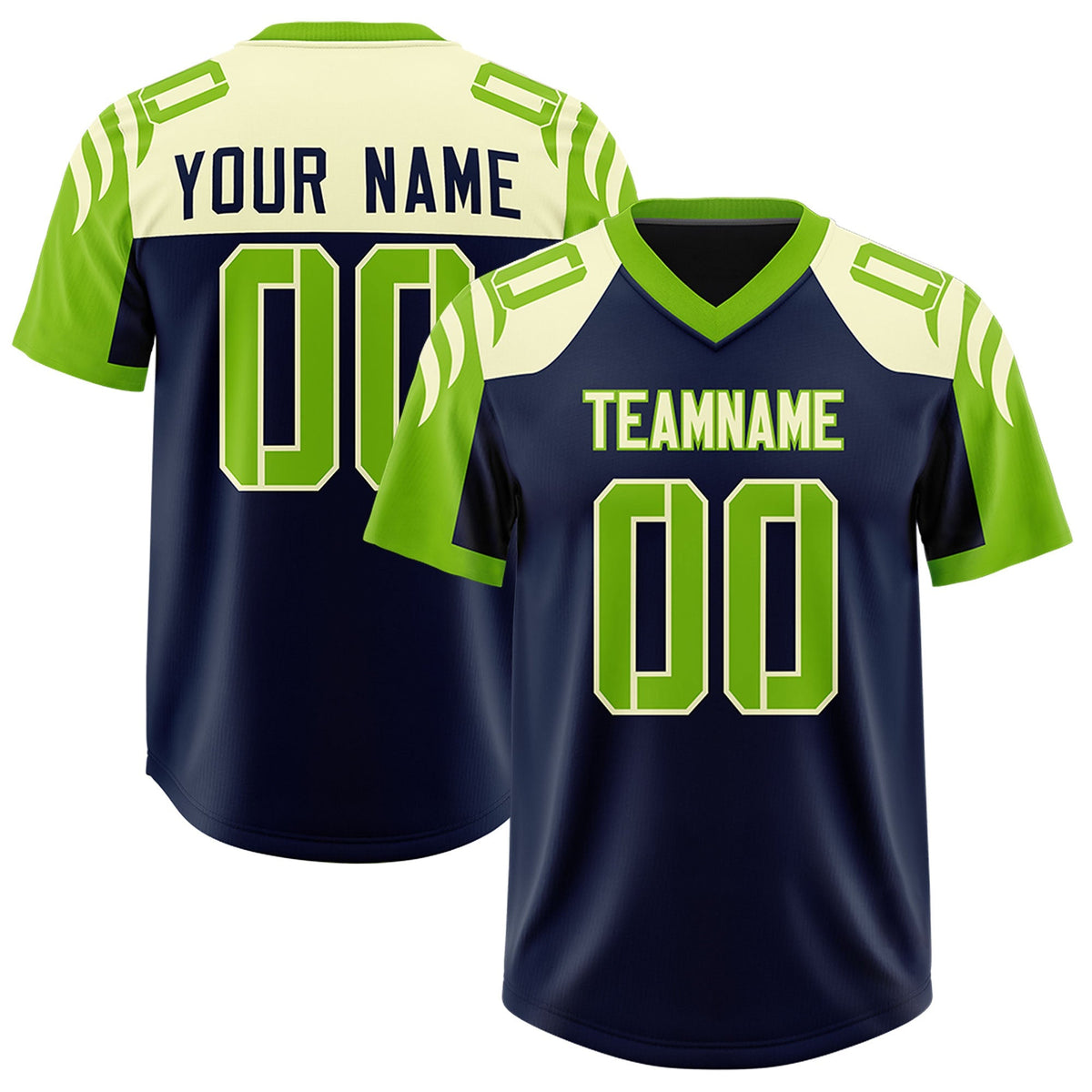 Custom Navy Neon Green Raglan Sleeves Personalized Pattern Authentic American Football Jersey
