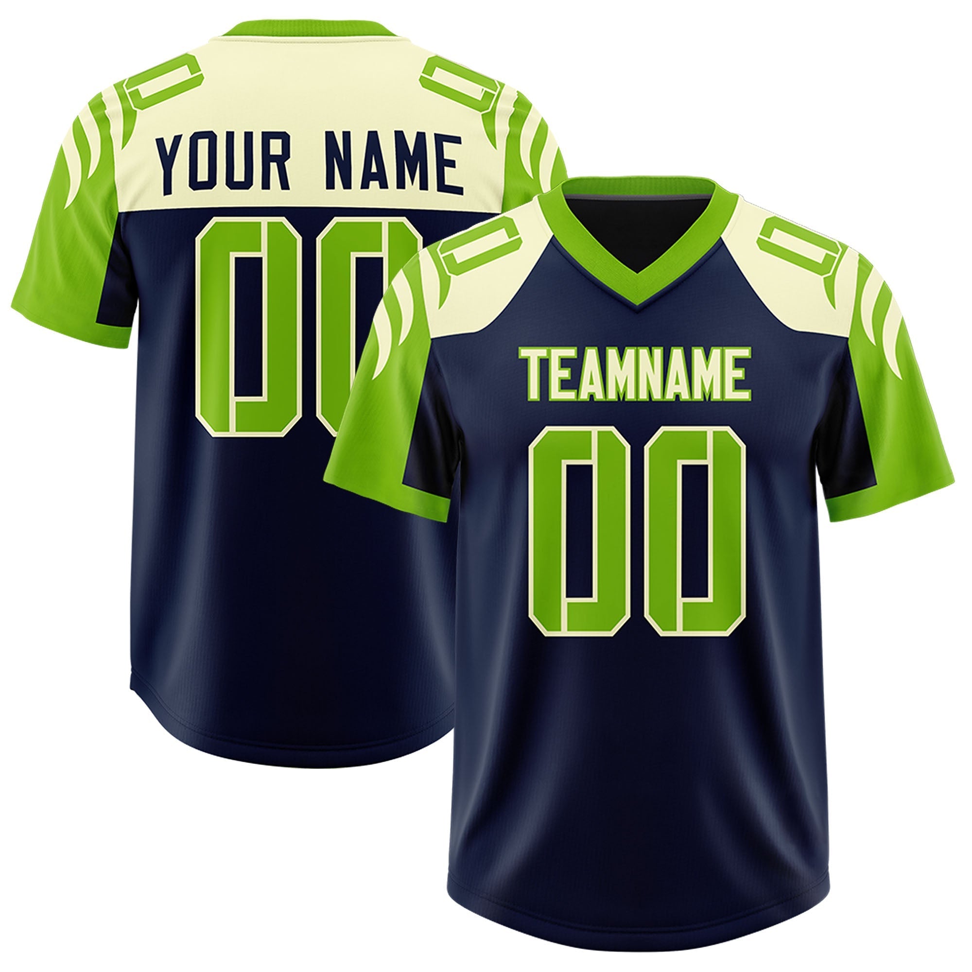 Custom Navy Neon Green Raglan Sleeves Personalized Pattern Authentic American Football Jersey