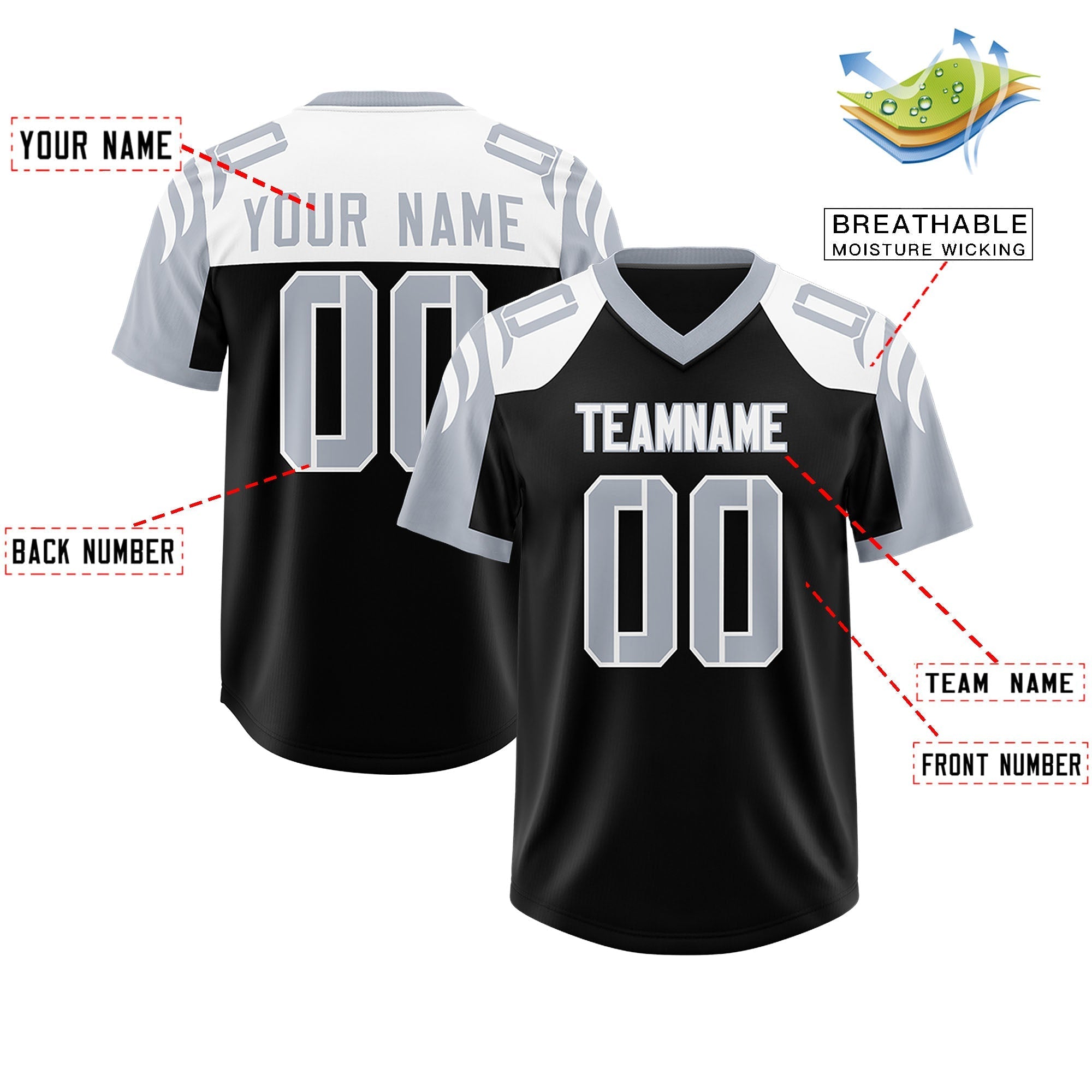 Custom Black Silver Raglan Sleeves Personalized Pattern Authentic American Football Jersey