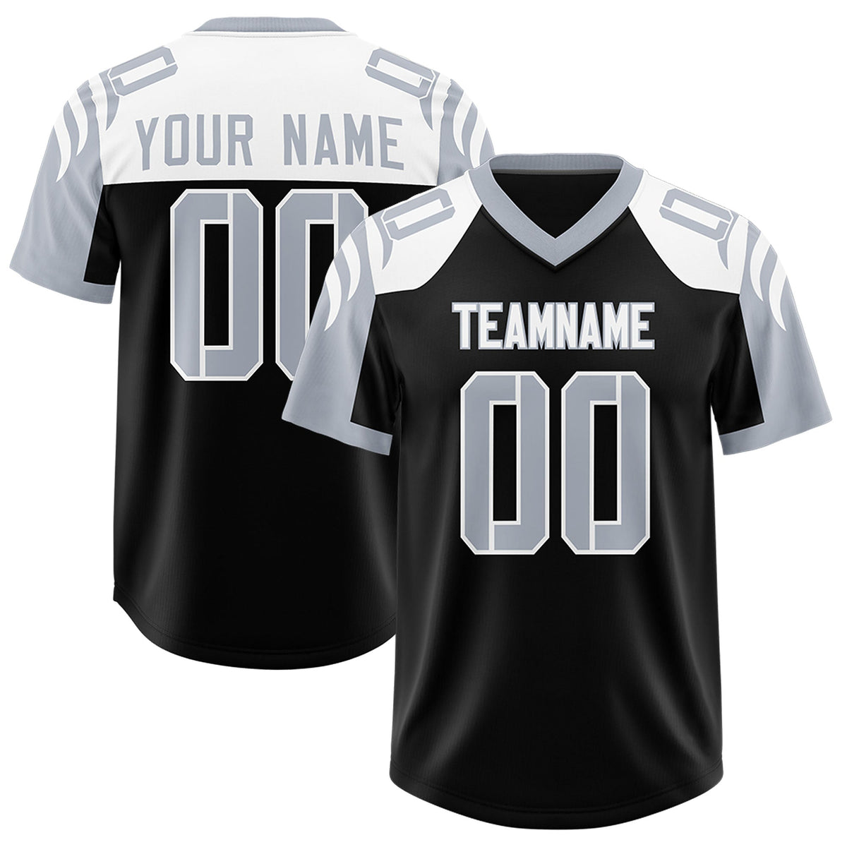 Custom Black Silver Raglan Sleeves Personalized Pattern Authentic American Football Jersey
