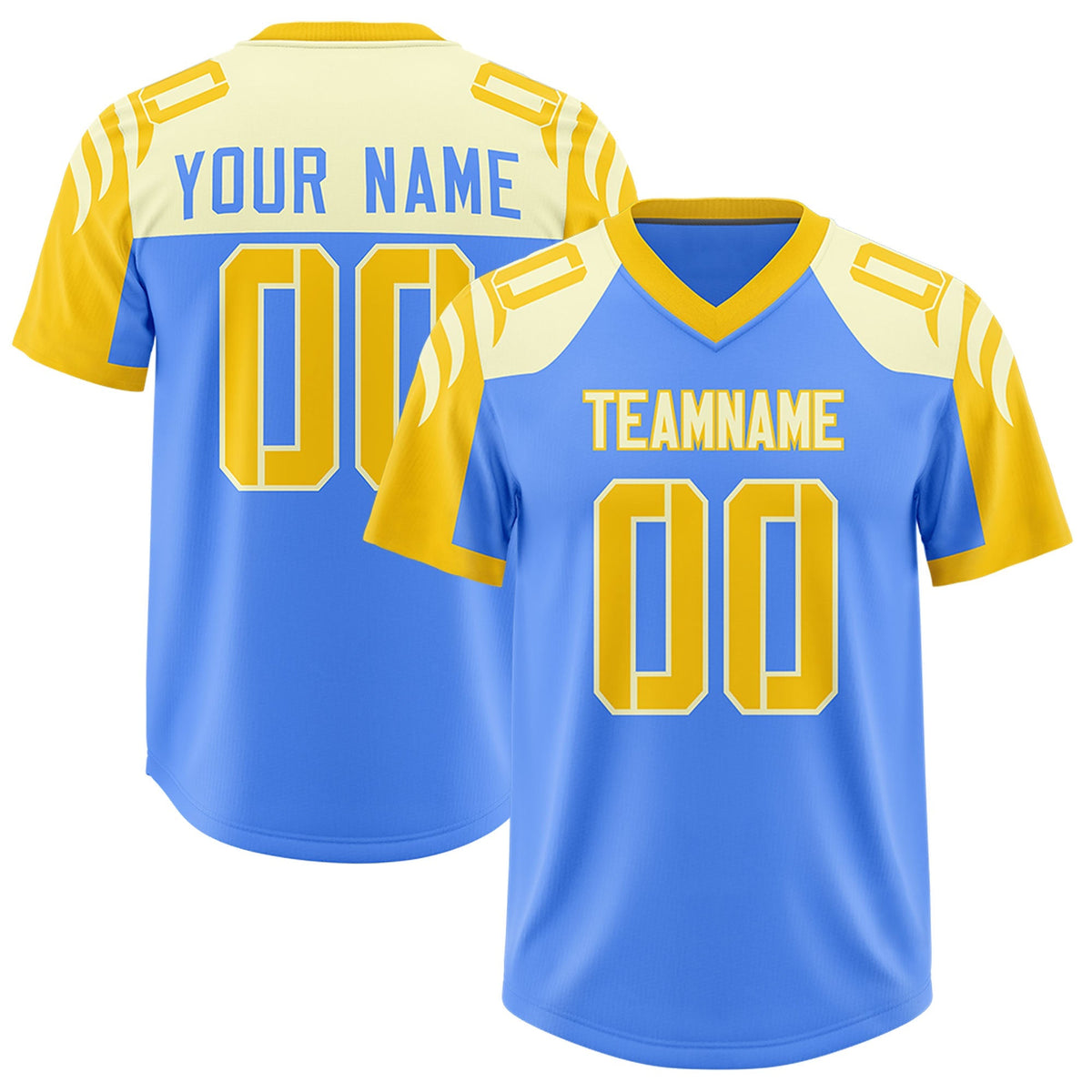Custom Powder Blue Gold Raglan Sleeves Personalized Pattern Authentic American Football Jersey
