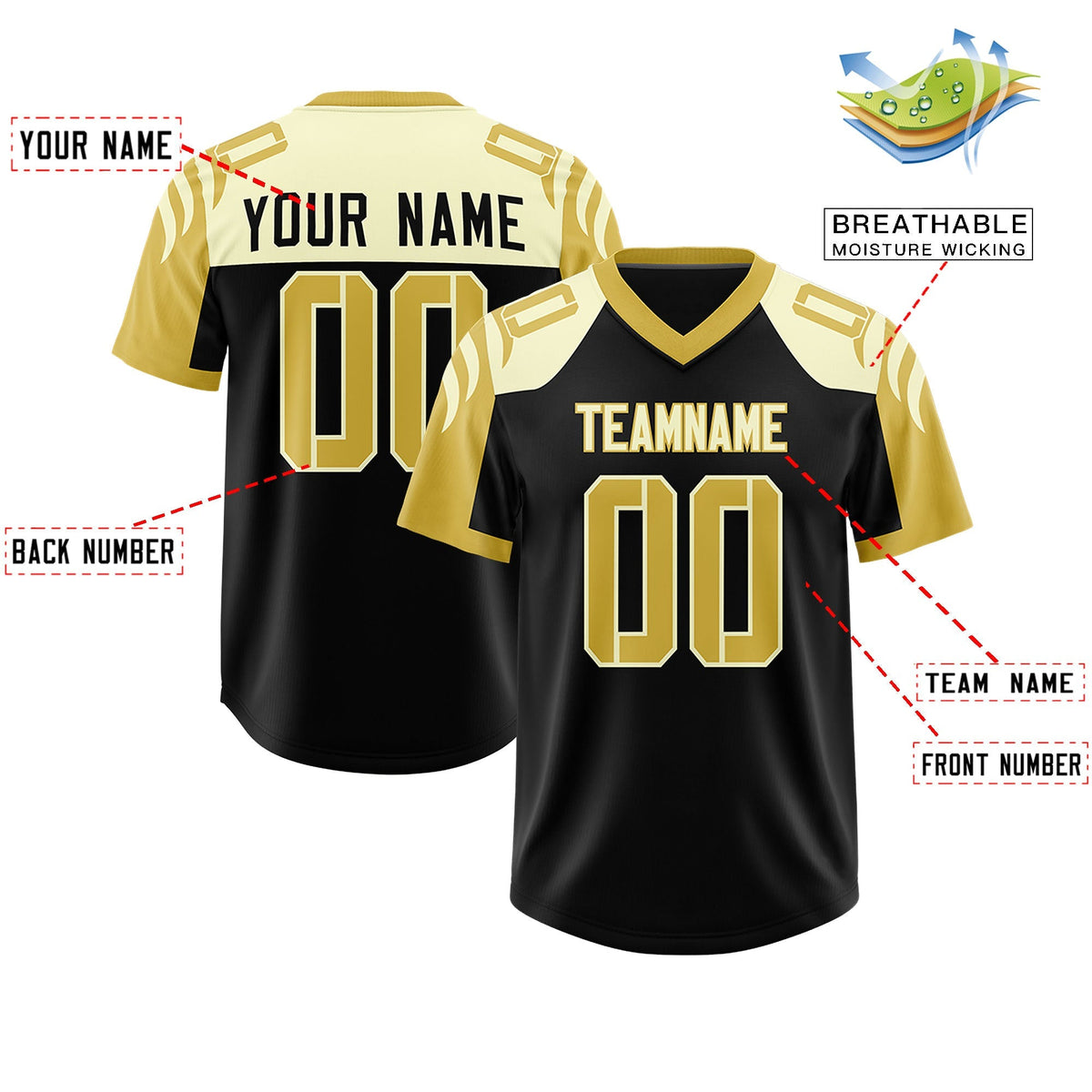 Custom Black Old Gold Raglan Sleeves Personalized Pattern Authentic American Football Jersey