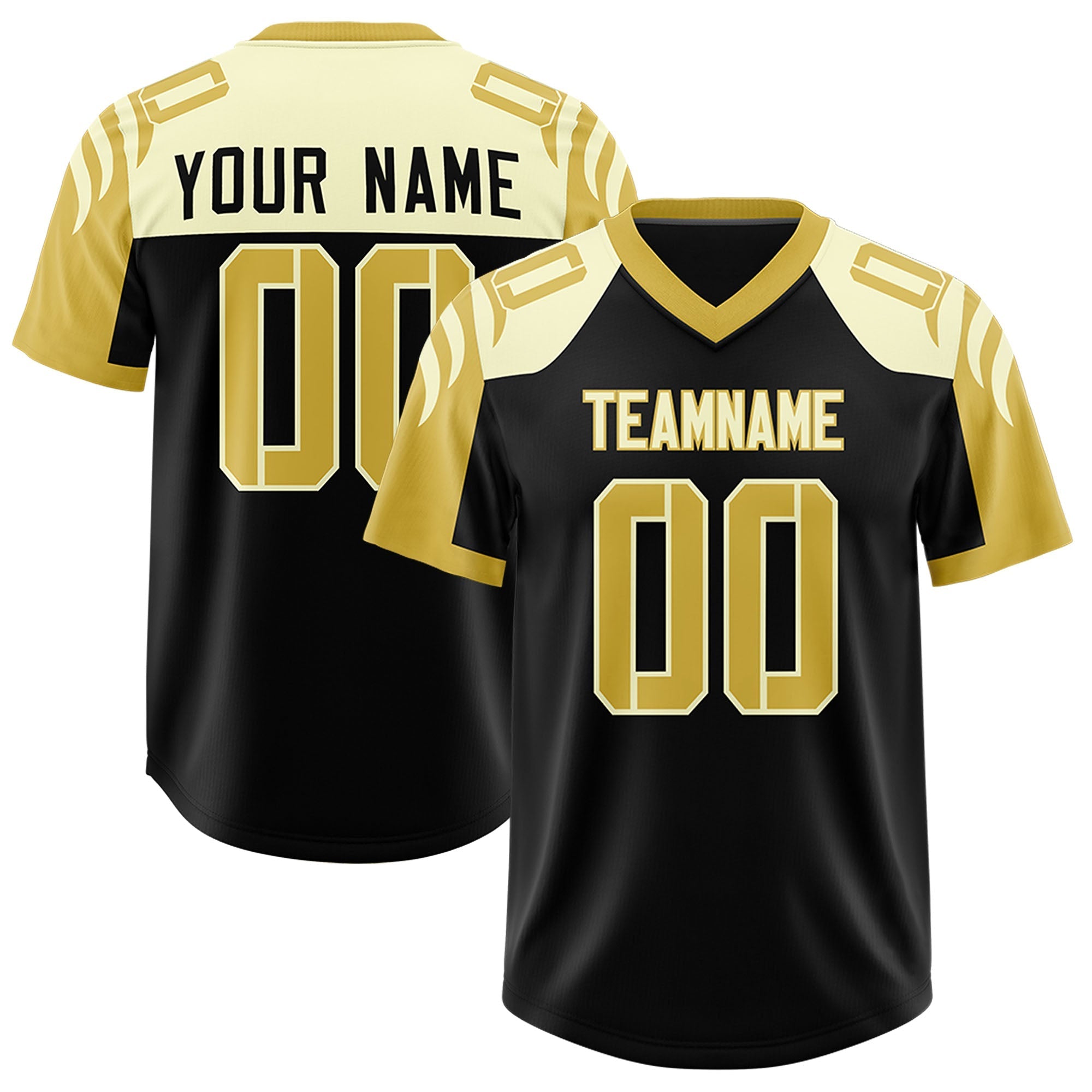 Custom Black Old Gold Raglan Sleeves Personalized Pattern Authentic American Football Jersey