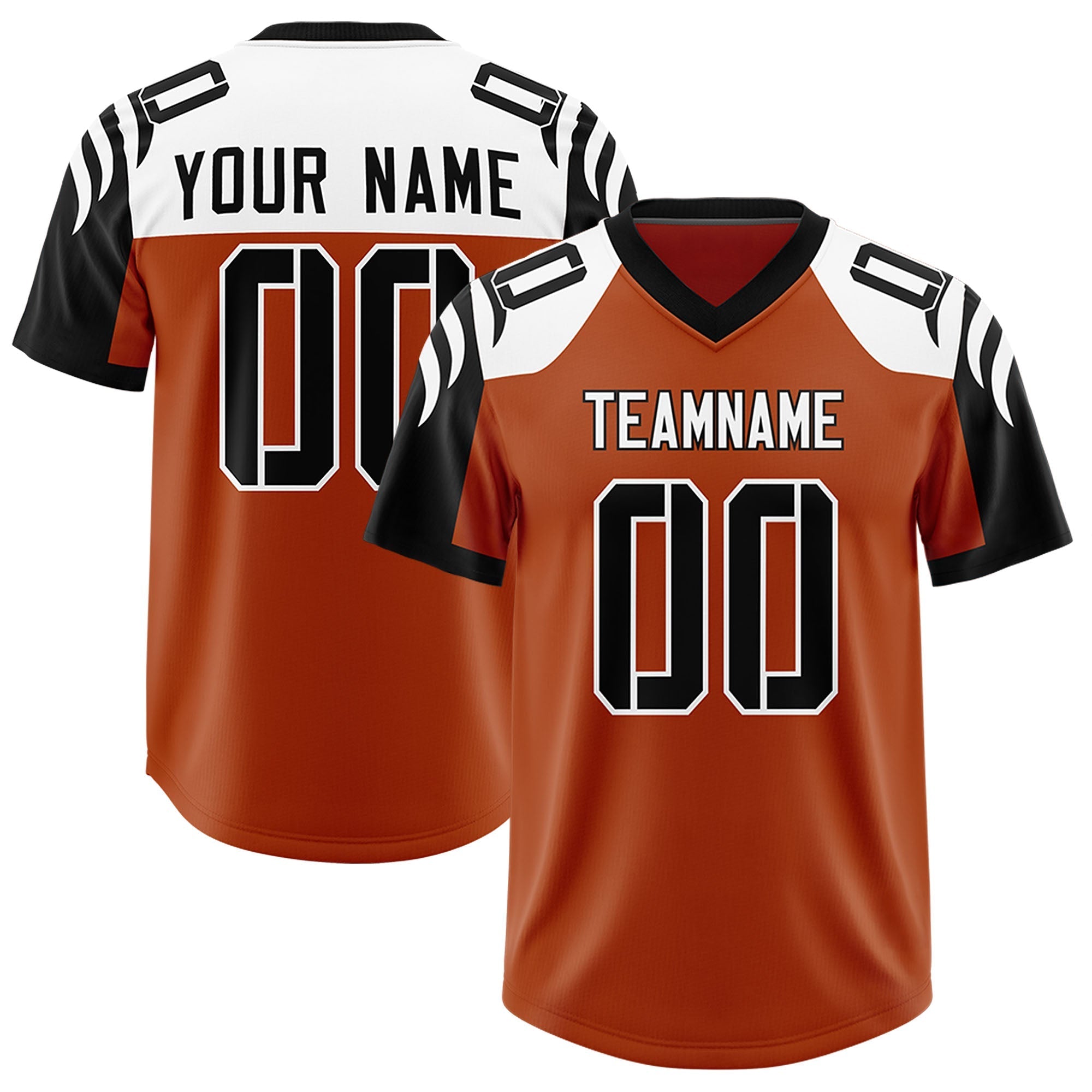 Custom Texas Orange Black Raglan Sleeves Personalized Pattern Authentic American Football Jersey