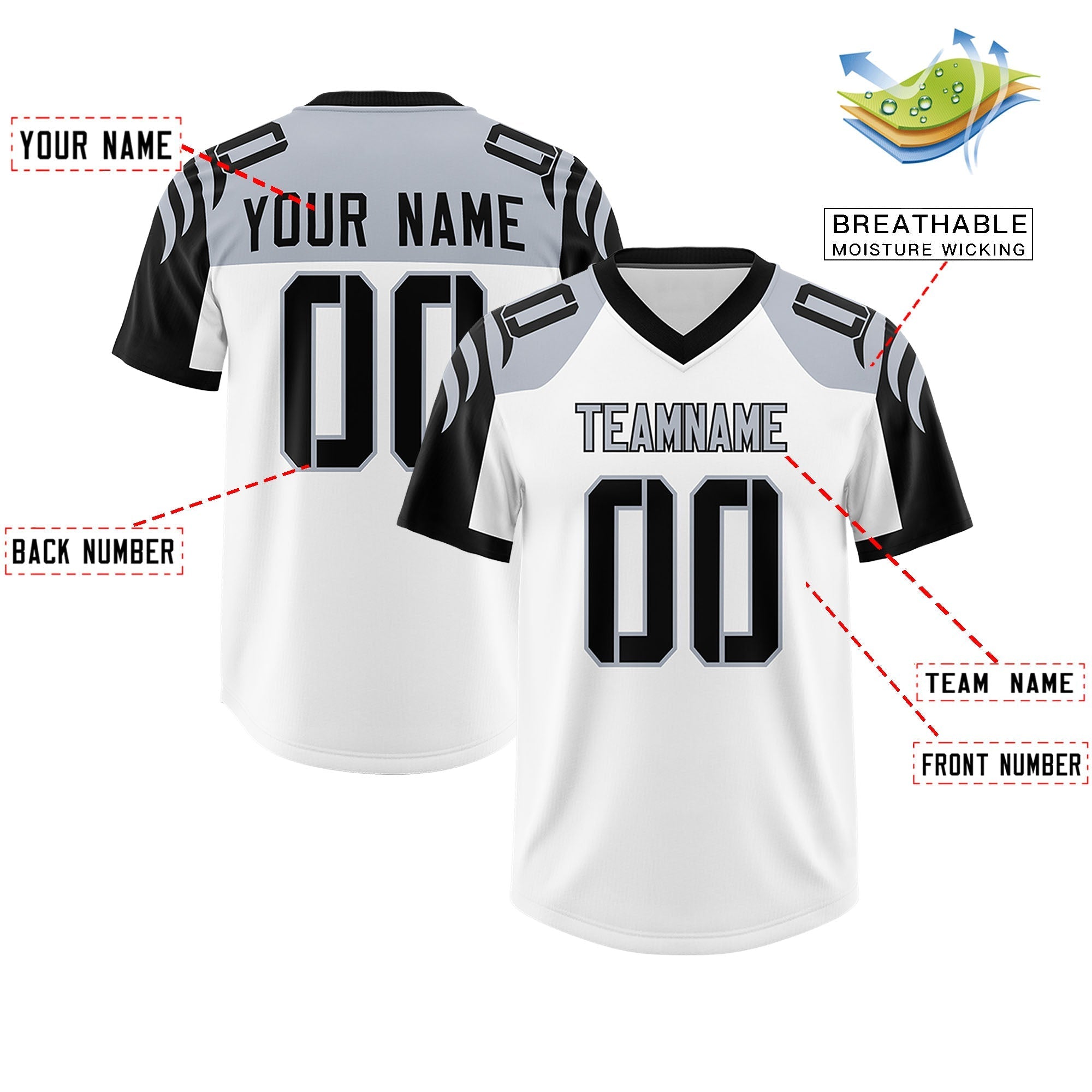 Custom White Black Raglan Sleeves Personalized Pattern Authentic American Football Jersey
