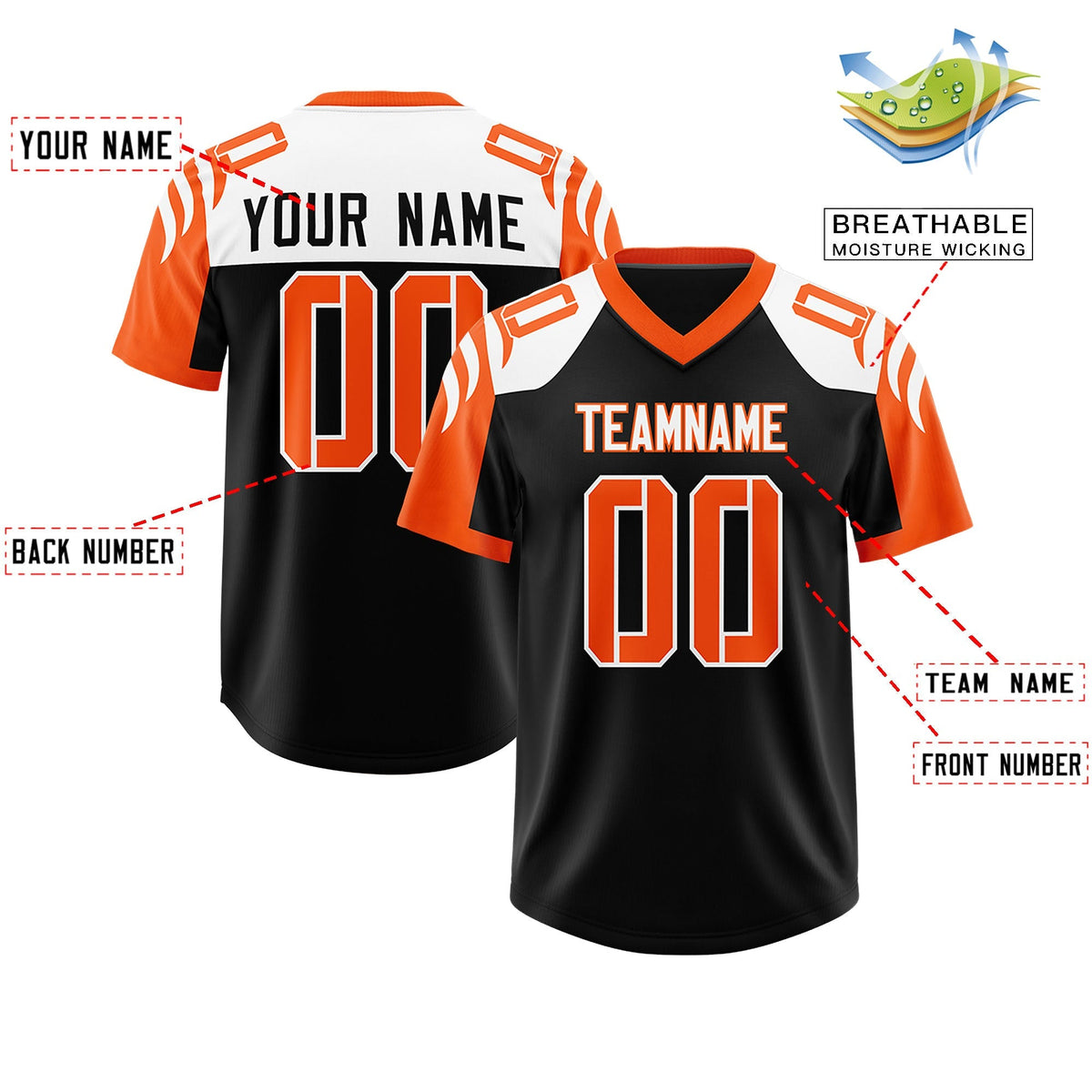 Custom Black Orange Raglan Sleeves Personalized Pattern Authentic American Football Jersey