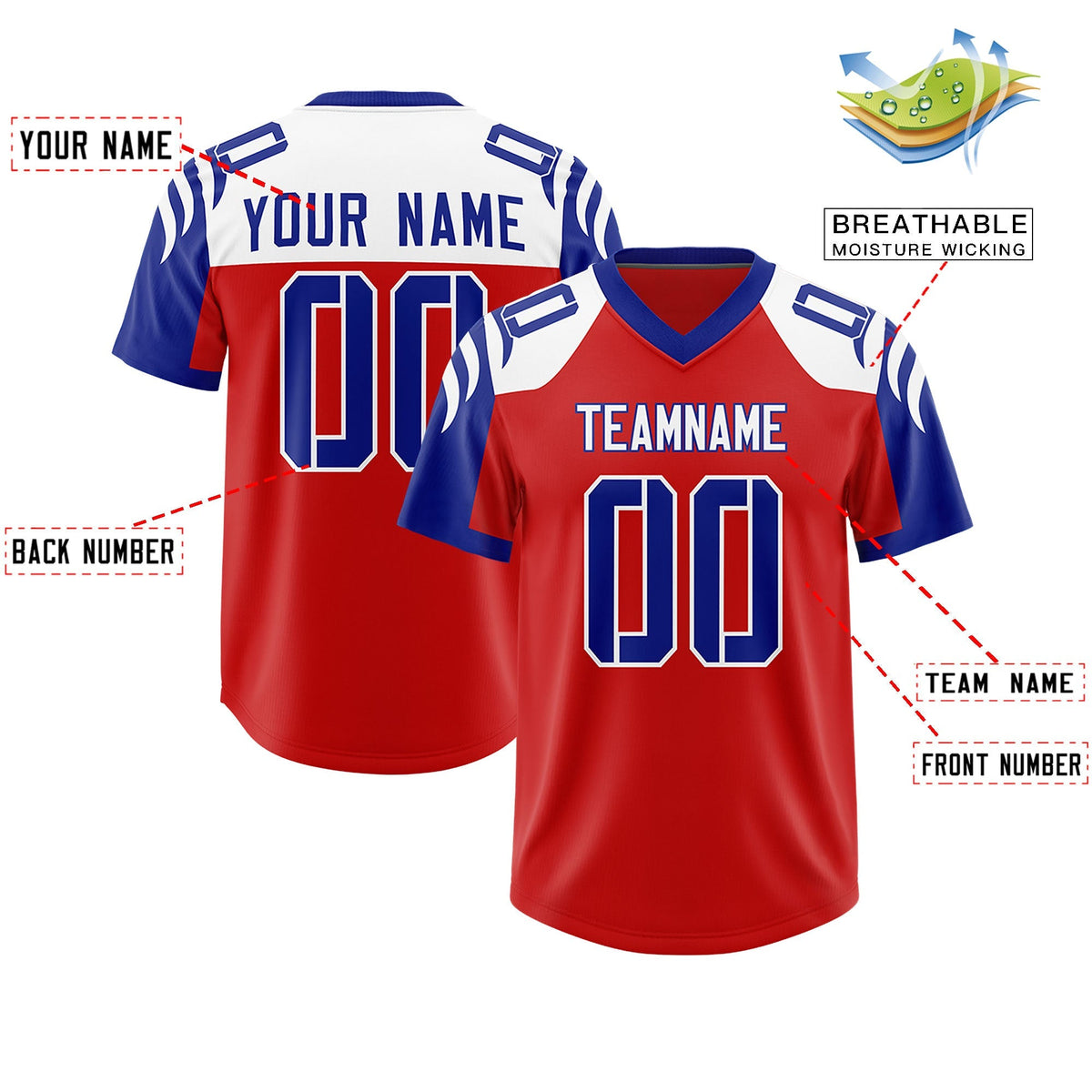 Custom Red Royal Raglan Sleeves Personalized Pattern Authentic American Football Jersey