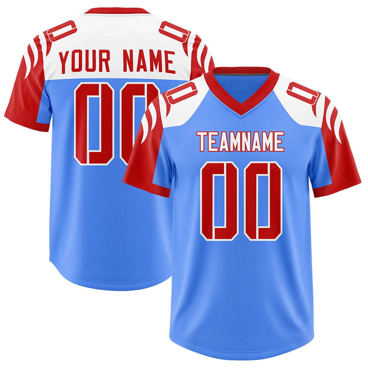 Custom Powder Blue Red Raglan Sleeves Personalized Pattern Authentic American Football Jersey