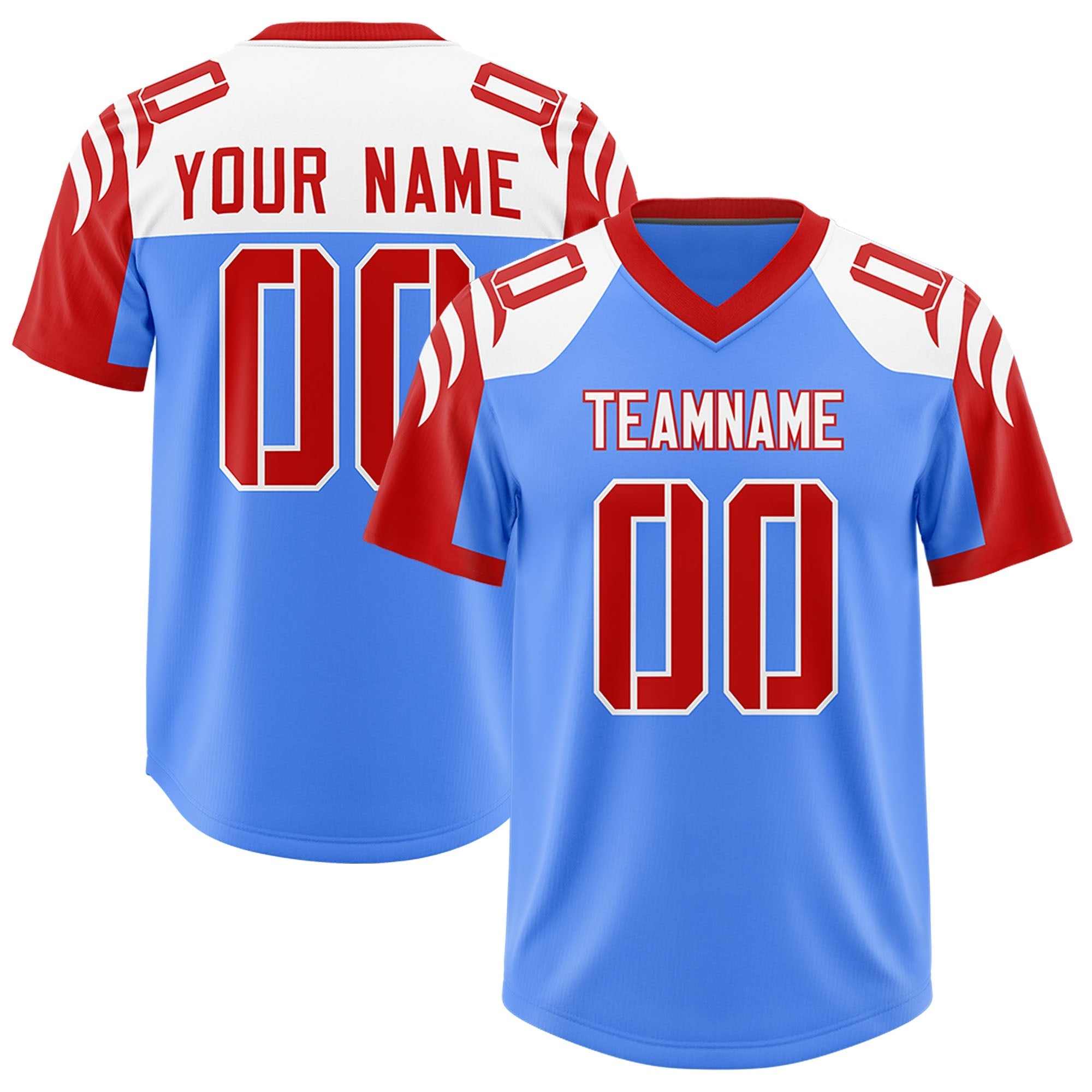 Custom Powder Blue Red Raglan Sleeves Personalized Pattern Authentic American Football Jersey