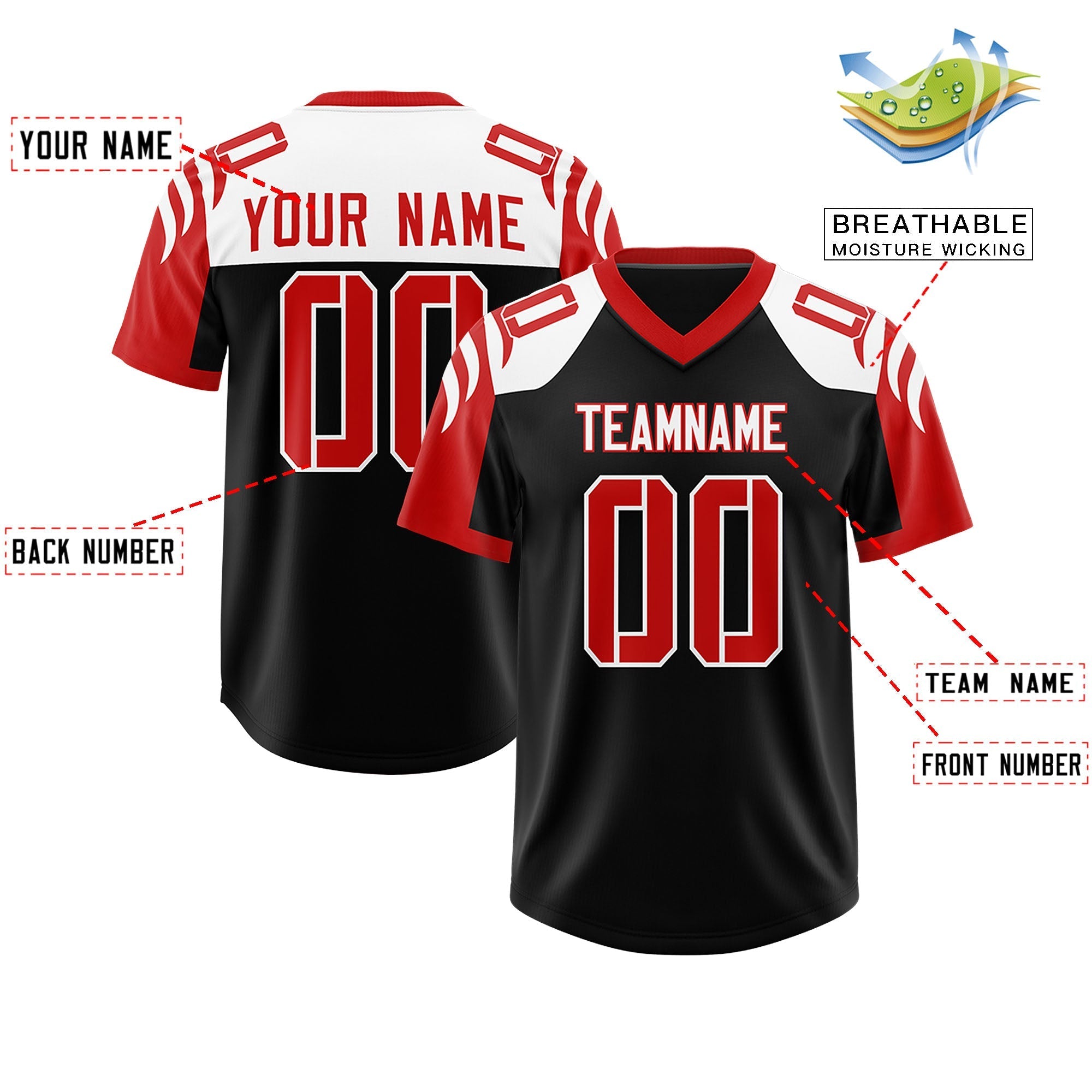 Custom Black Red Raglan Sleeves Personalized Pattern Authentic American Football Jersey