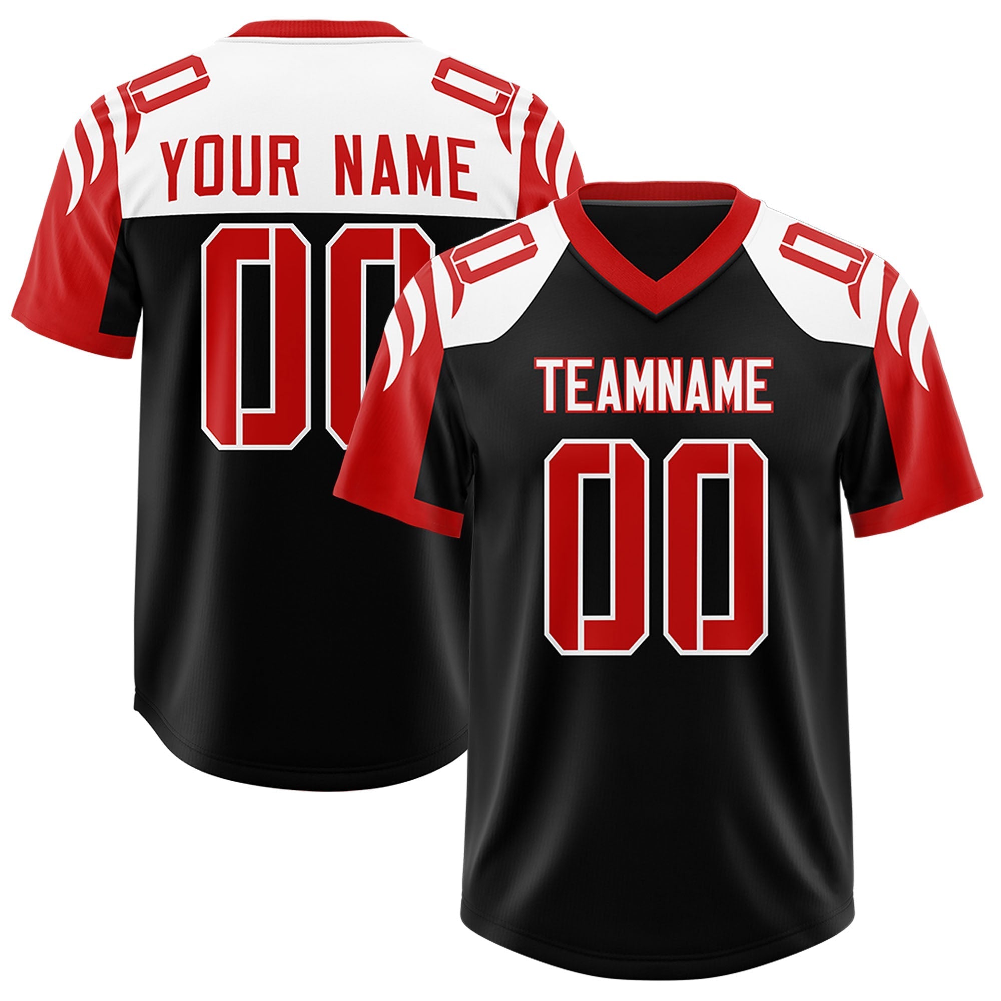 Custom Black Red Raglan Sleeves Personalized Pattern Authentic American Football Jersey