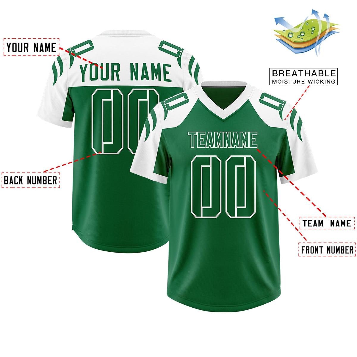 Custom Kelly Green White Raglan Sleeves Personalized Pattern Authentic American Football Jersey