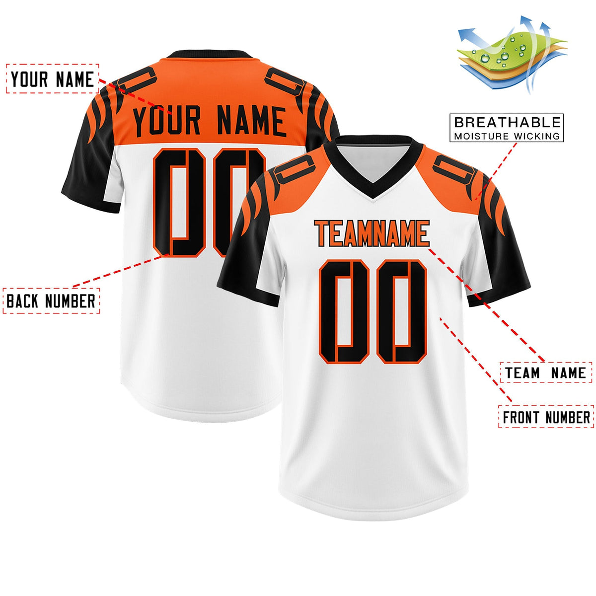 Custom White Black Raglan Sleeves Personalized Pattern Authentic American Football Jersey