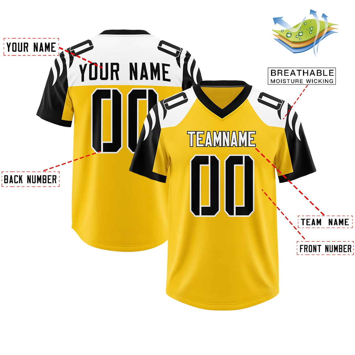 Custom Gold Black Raglan Sleeves Personalized Pattern Authentic American Football Jersey