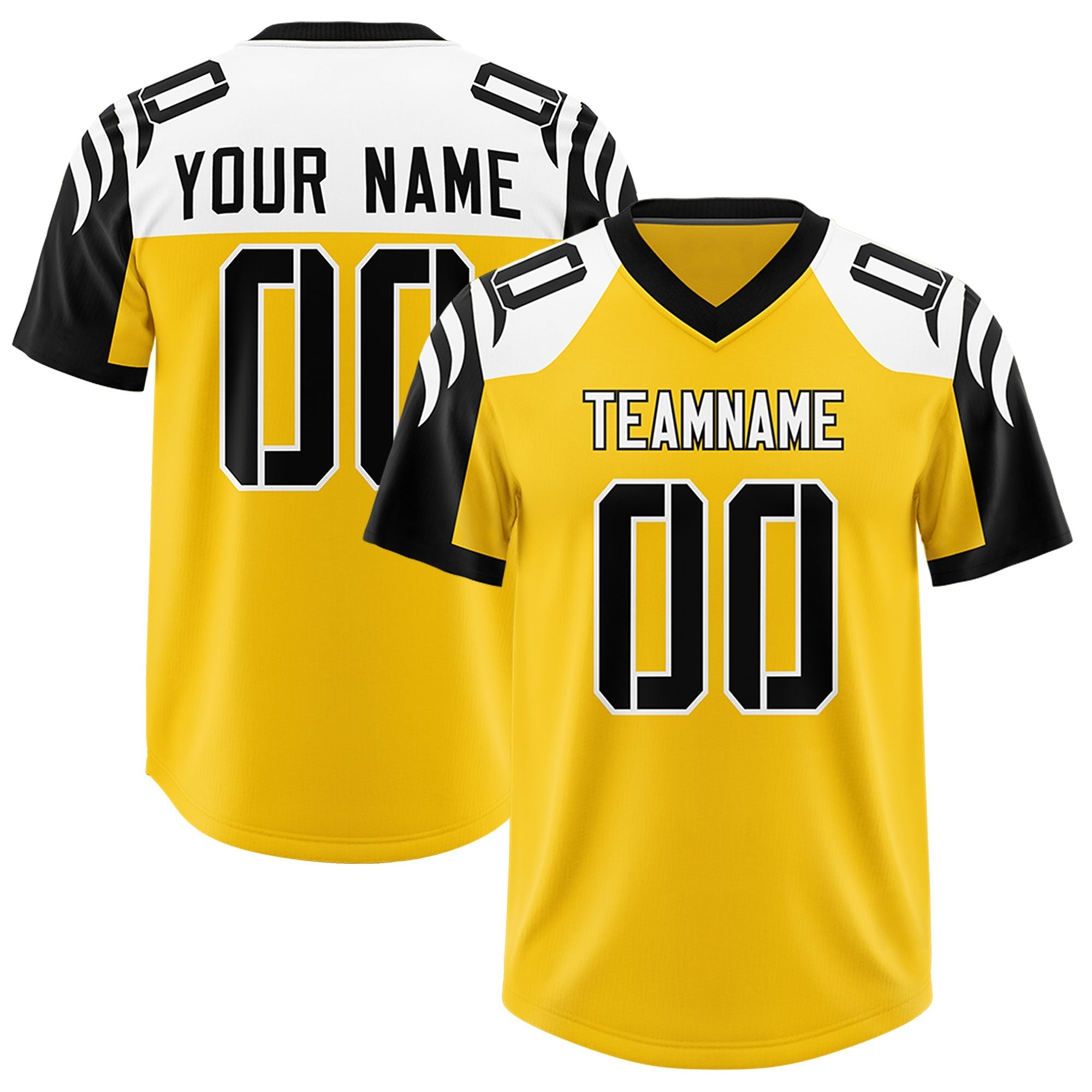 Custom Gold Black Raglan Sleeves Personalized Pattern Authentic American Football Jersey