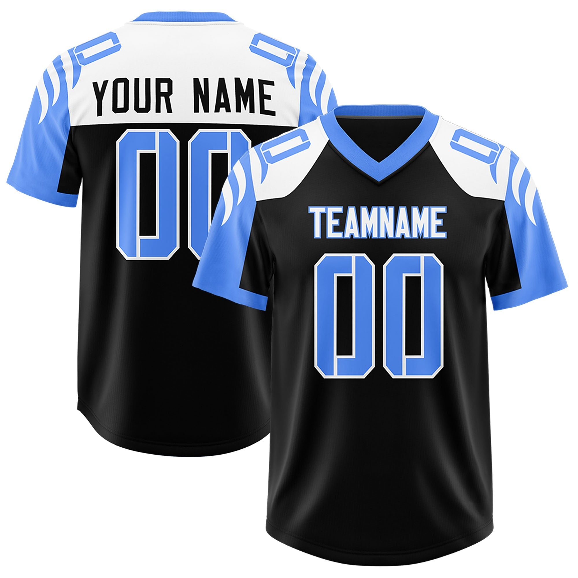 Custom Black Powder Blue Raglan Sleeves Personalized Pattern Authentic American Football Jersey