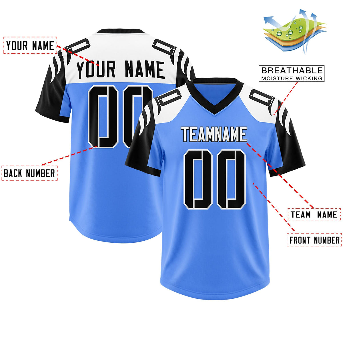 Custom Powder Blue Black Raglan Sleeves Personalized Pattern Authentic American Football Jersey