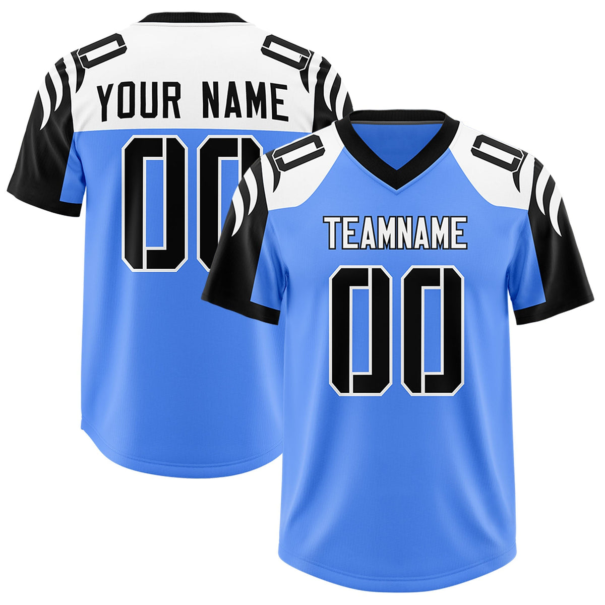 Custom Powder Blue Black Raglan Sleeves Personalized Pattern Authentic American Football Jersey