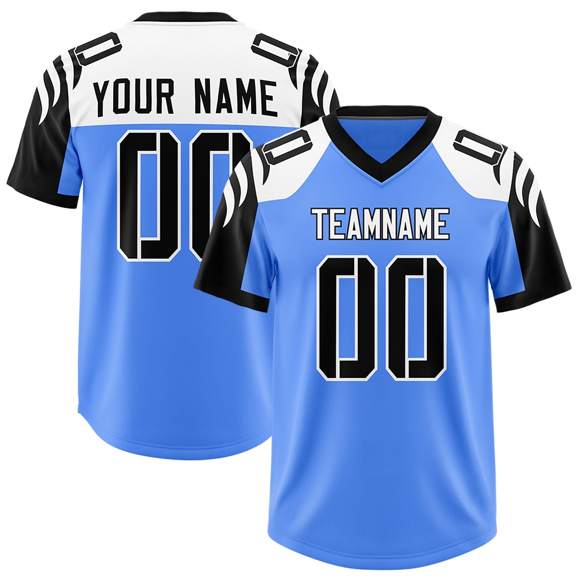 Custom Powder Blue Black Raglan Sleeves Personalized Pattern Authentic American Football Jersey