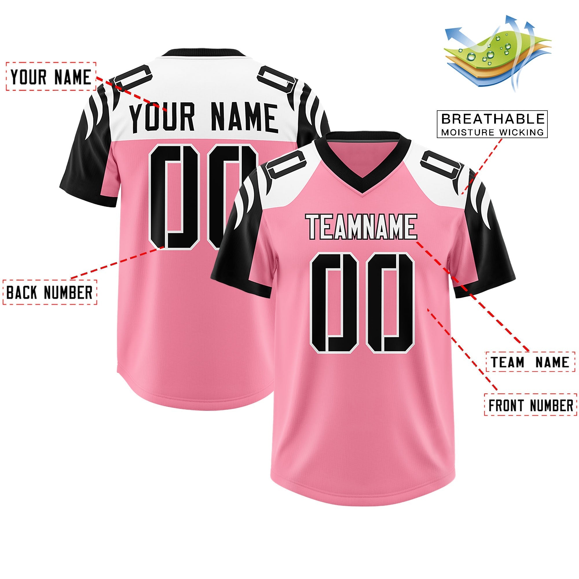 Custom Light Pink Black Raglan Sleeves Personalized Pattern Authentic American Football Jersey