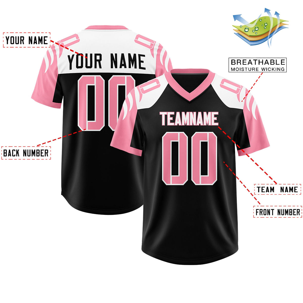 Custom Black Light Pink Raglan Sleeves Personalized Pattern Authentic American Football Jersey