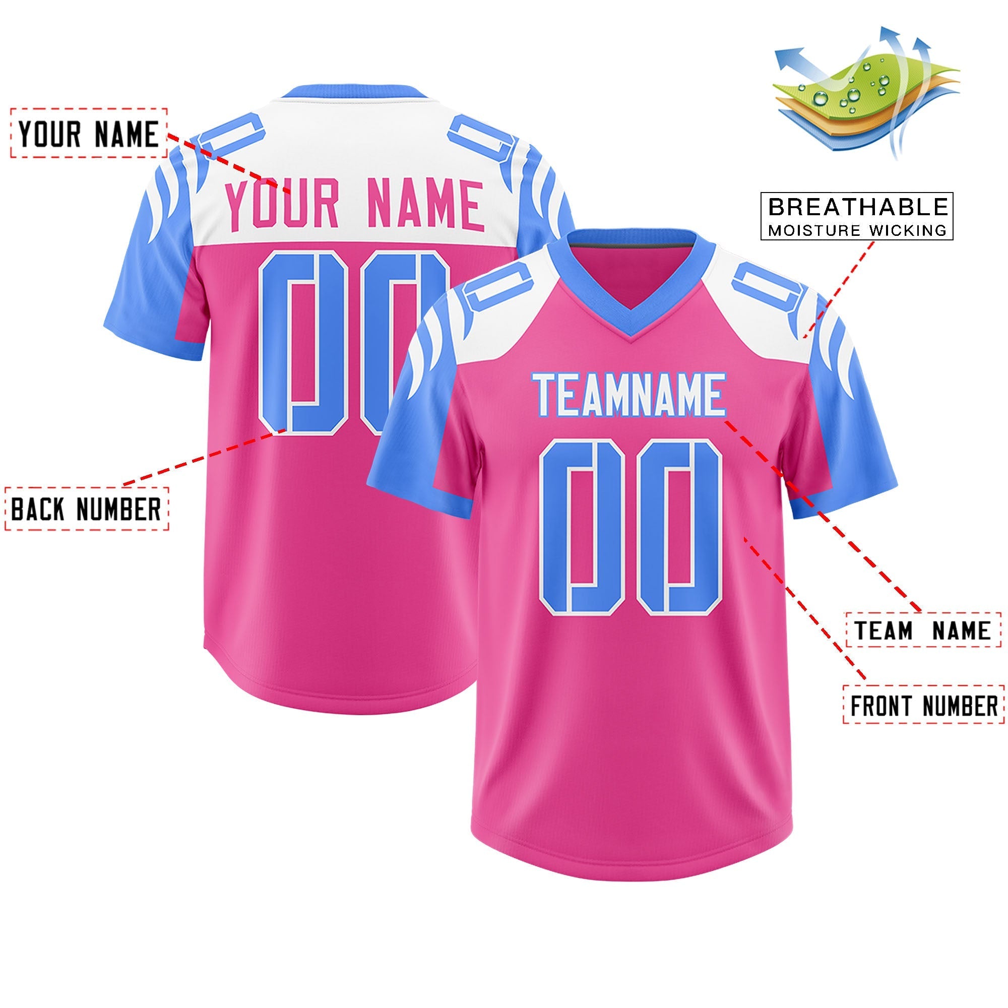 Custom Pink Powder Blue Raglan Sleeves Personalized Pattern Authentic American Football Jersey