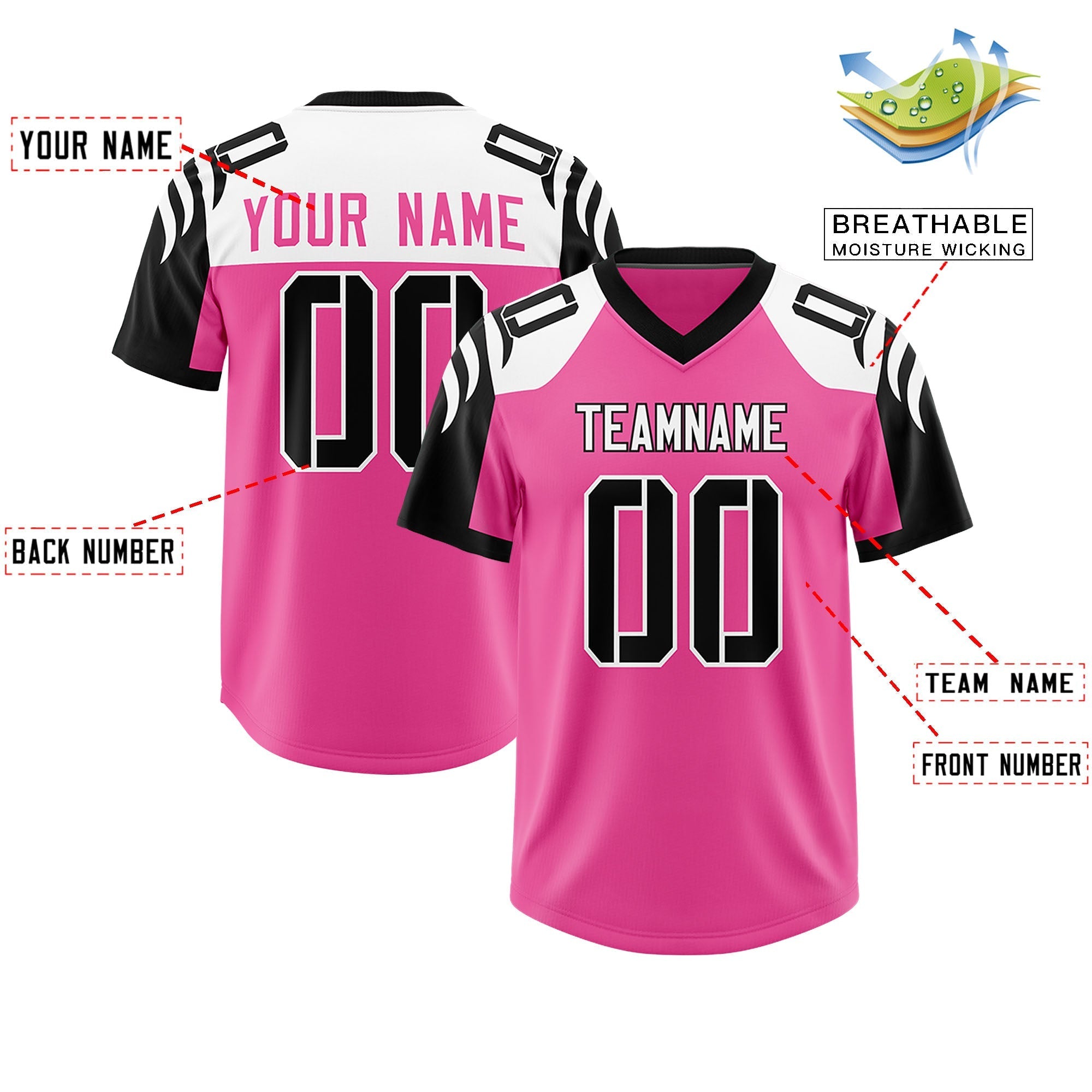 Custom Pink Black Raglan Sleeves Personalized Pattern Authentic American Football Jersey