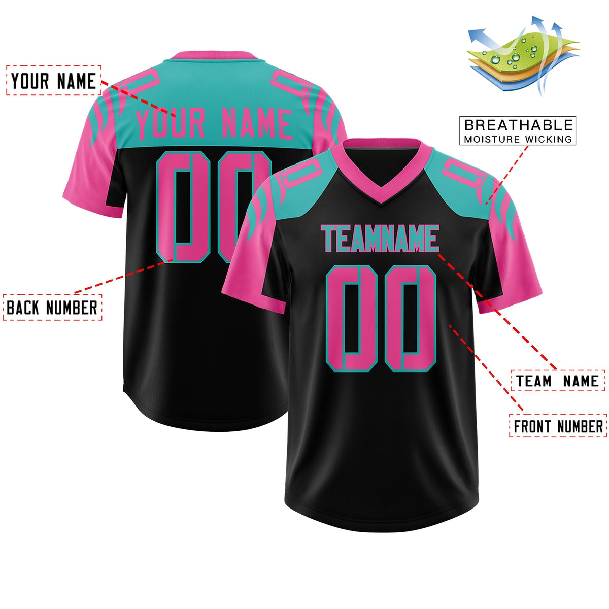 Custom Black Pink Raglan Sleeves Personalized Pattern Authentic American Football Jersey