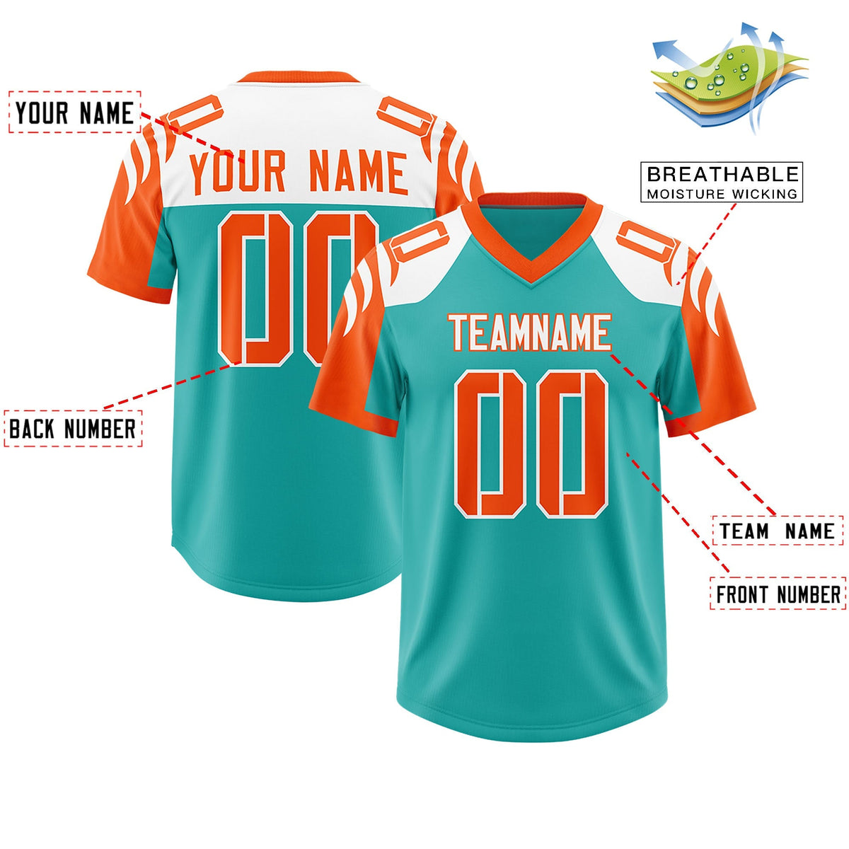 Custom Aqua Orange Raglan Sleeves Personalized Pattern Authentic American Football Jersey