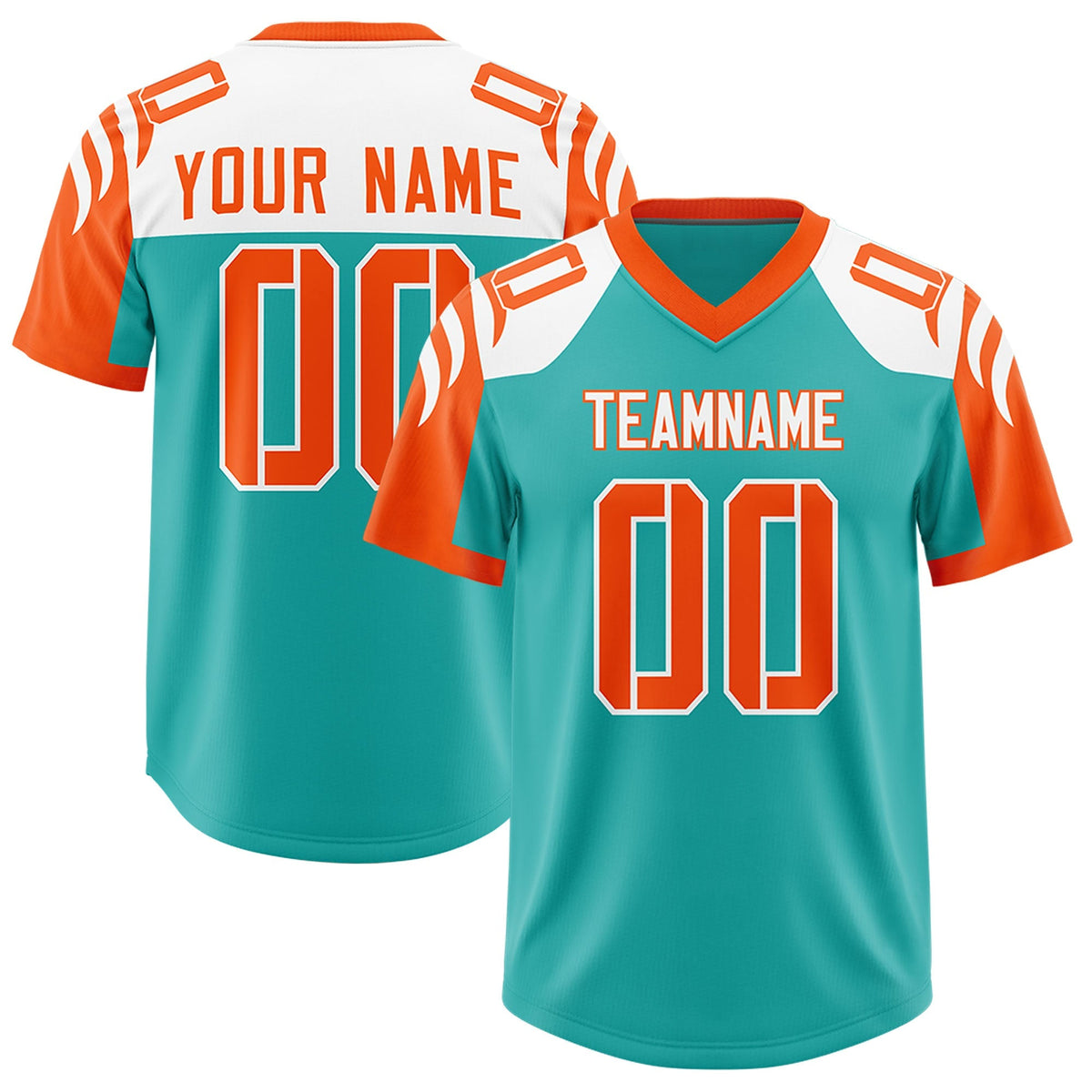 Custom Aqua Orange Raglan Sleeves Personalized Pattern Authentic American Football Jersey