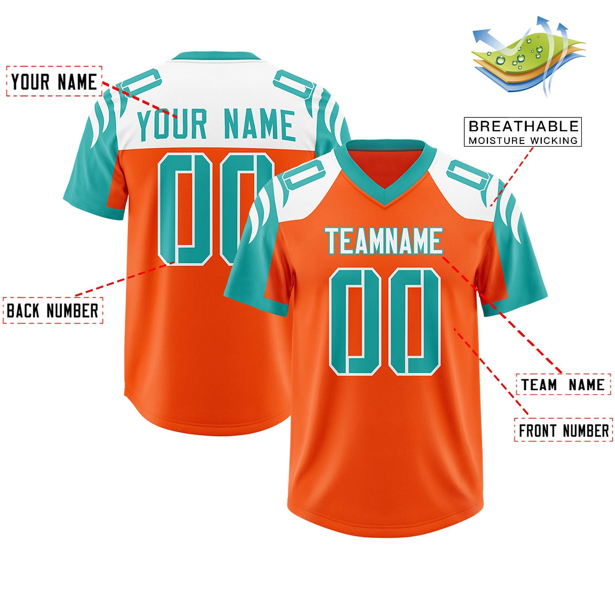 Custom Orange Aqua Raglan Sleeves Personalized Pattern Authentic American Football Jersey