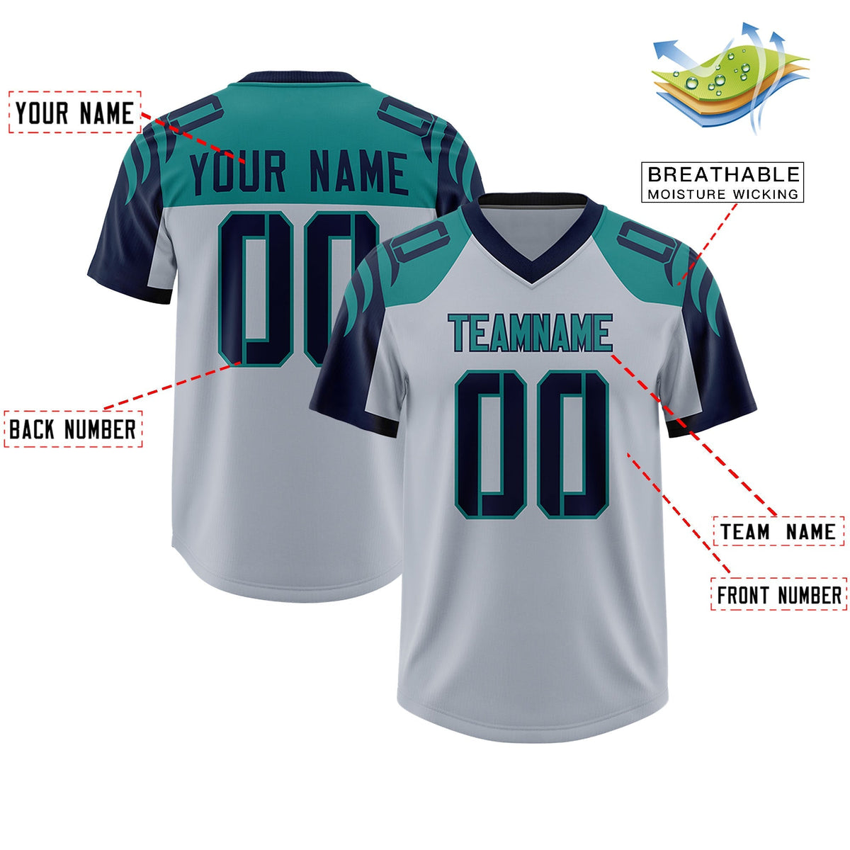 Custom Silver Navy Raglan Sleeves Personalized Pattern Authentic American Football Jersey