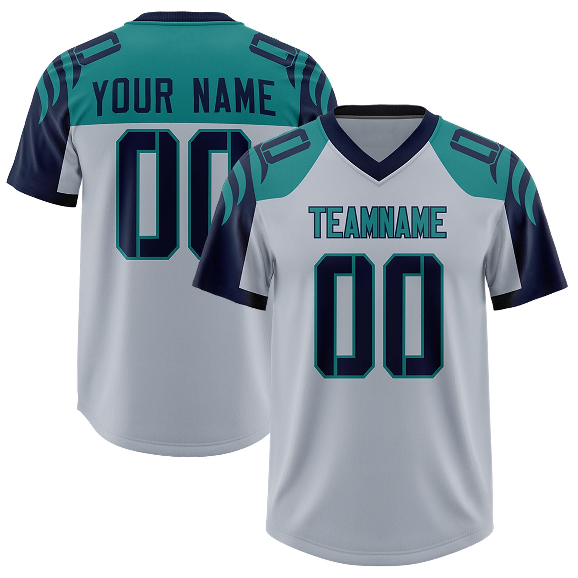 Custom Silver Navy Raglan Sleeves Personalized Pattern Authentic American Football Jersey