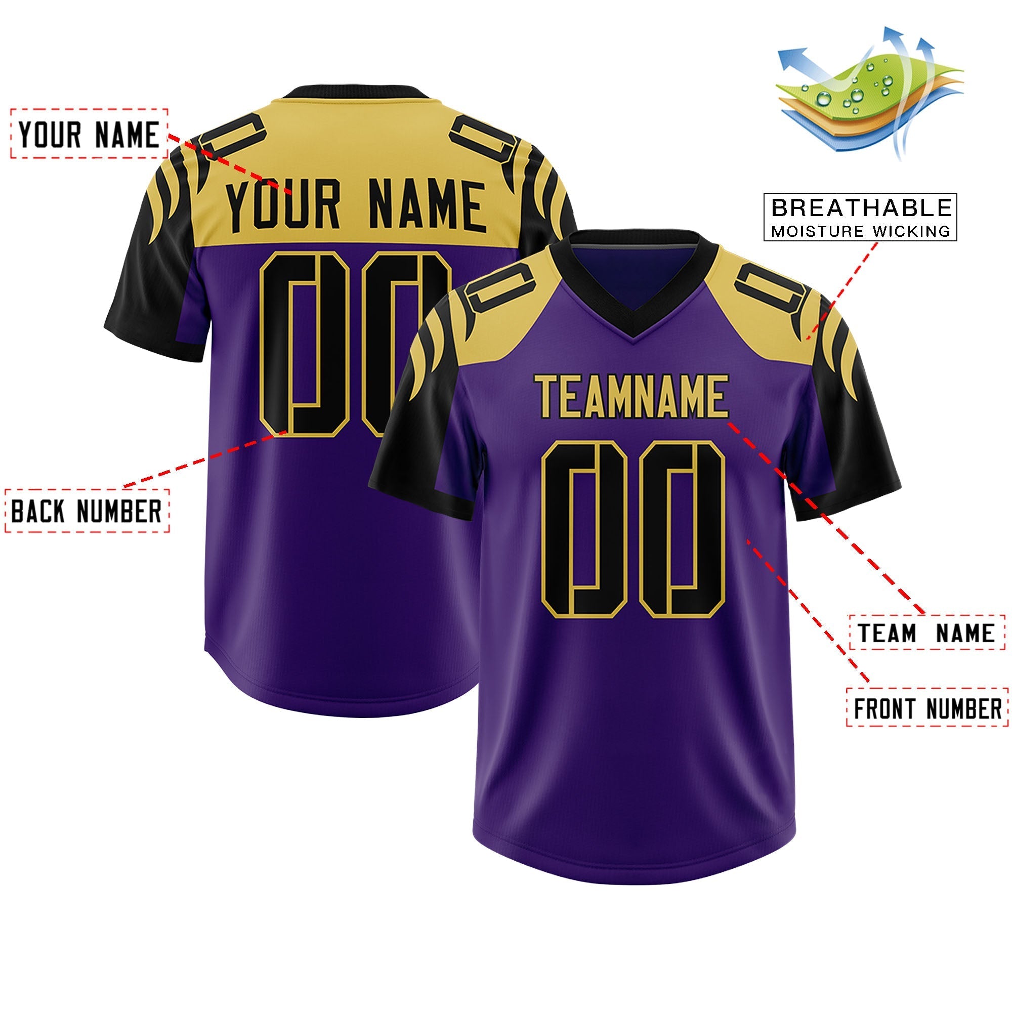 Custom Purple Black Raglan Sleeves Personalized Pattern Authentic American Football Jersey