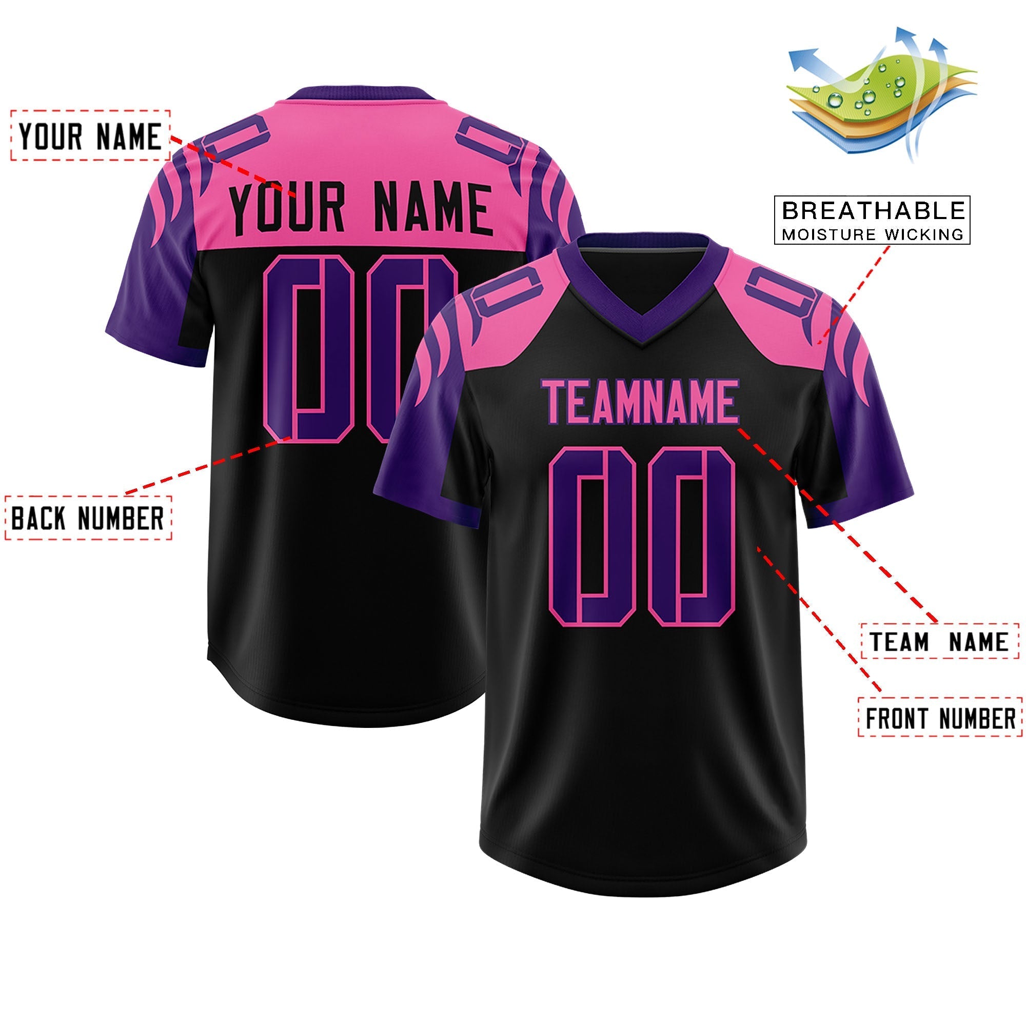 Custom Black Purple Raglan Sleeves Personalized Pattern Authentic American Football Jersey