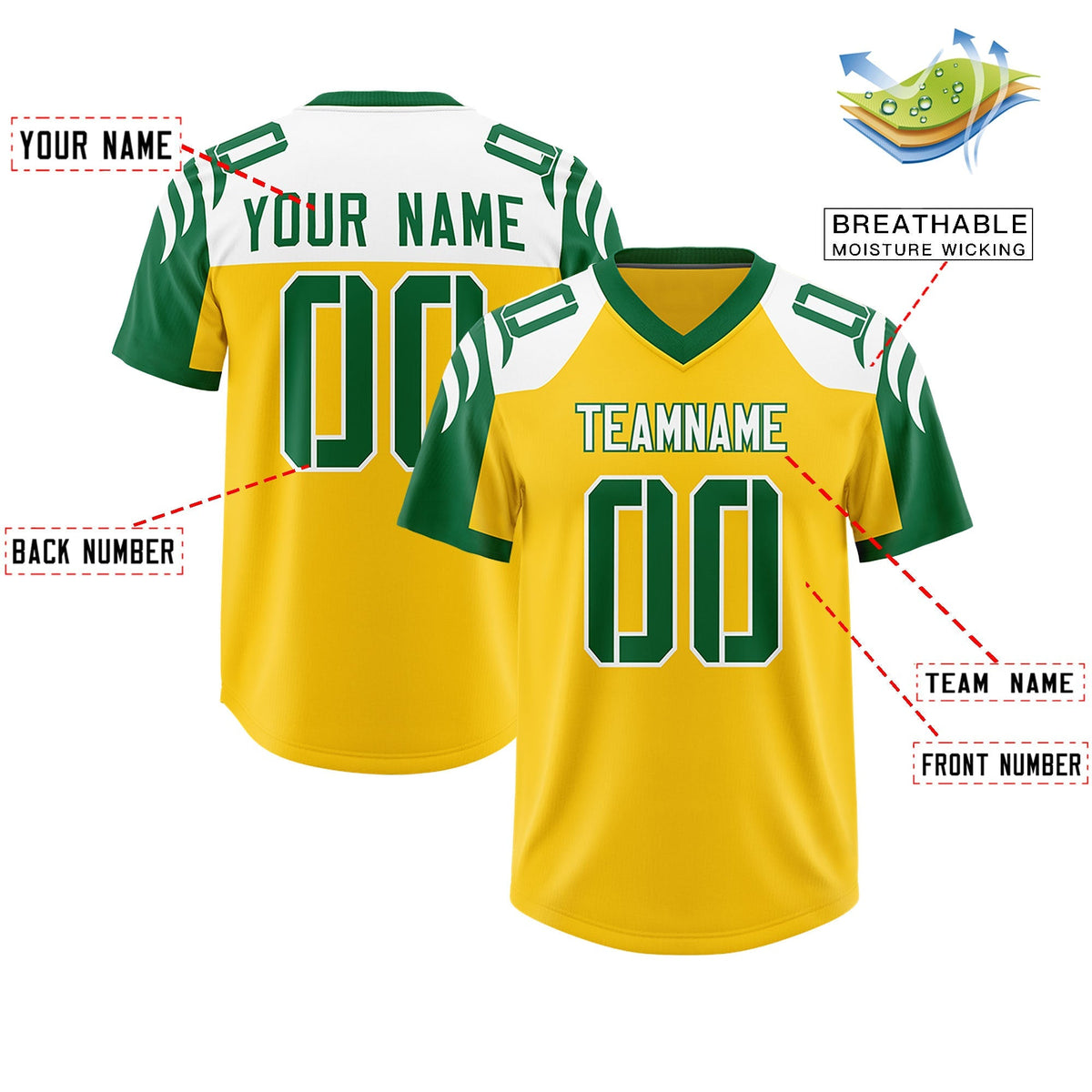 Custom Gold Kelly Green Raglan Sleeves Personalized Pattern Authentic American Football Jersey