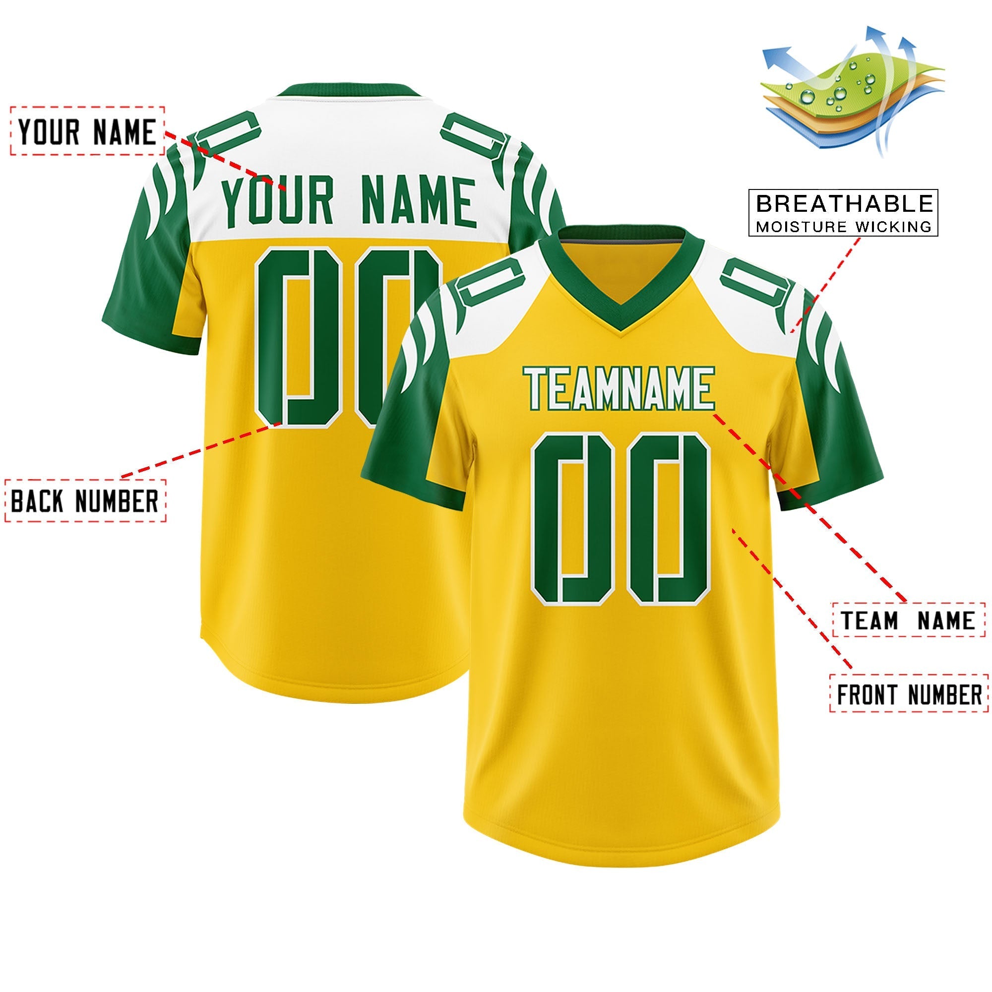 Custom Gold Kelly Green Raglan Sleeves Personalized Pattern Authentic American Football Jersey