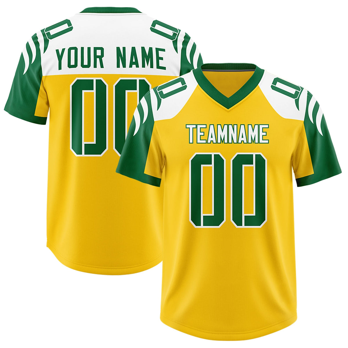 Custom Gold Kelly Green Raglan Sleeves Personalized Pattern Authentic American Football Jersey