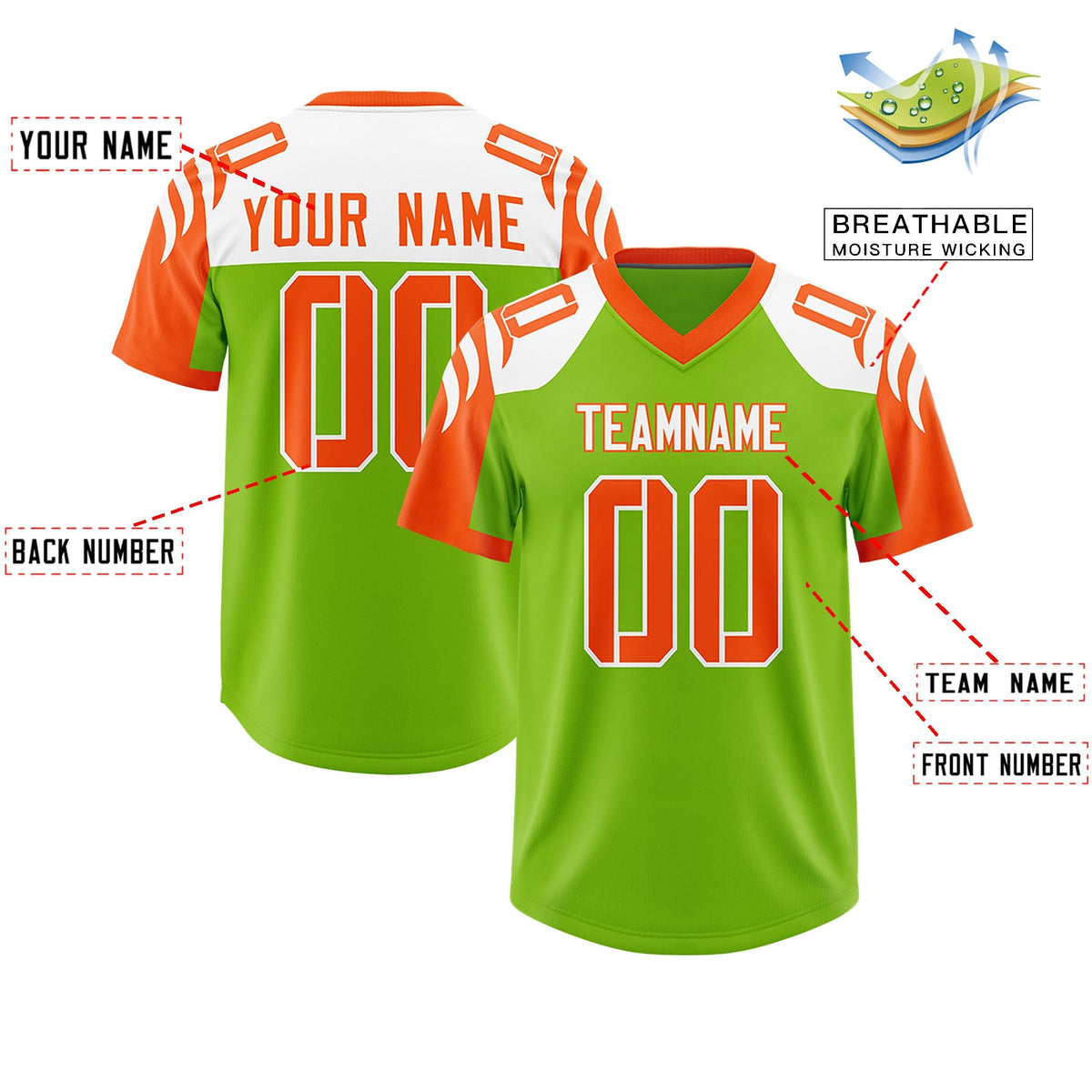 Custom Neon Green Orange Raglan Sleeves Personalized Pattern Authentic American Football Jersey