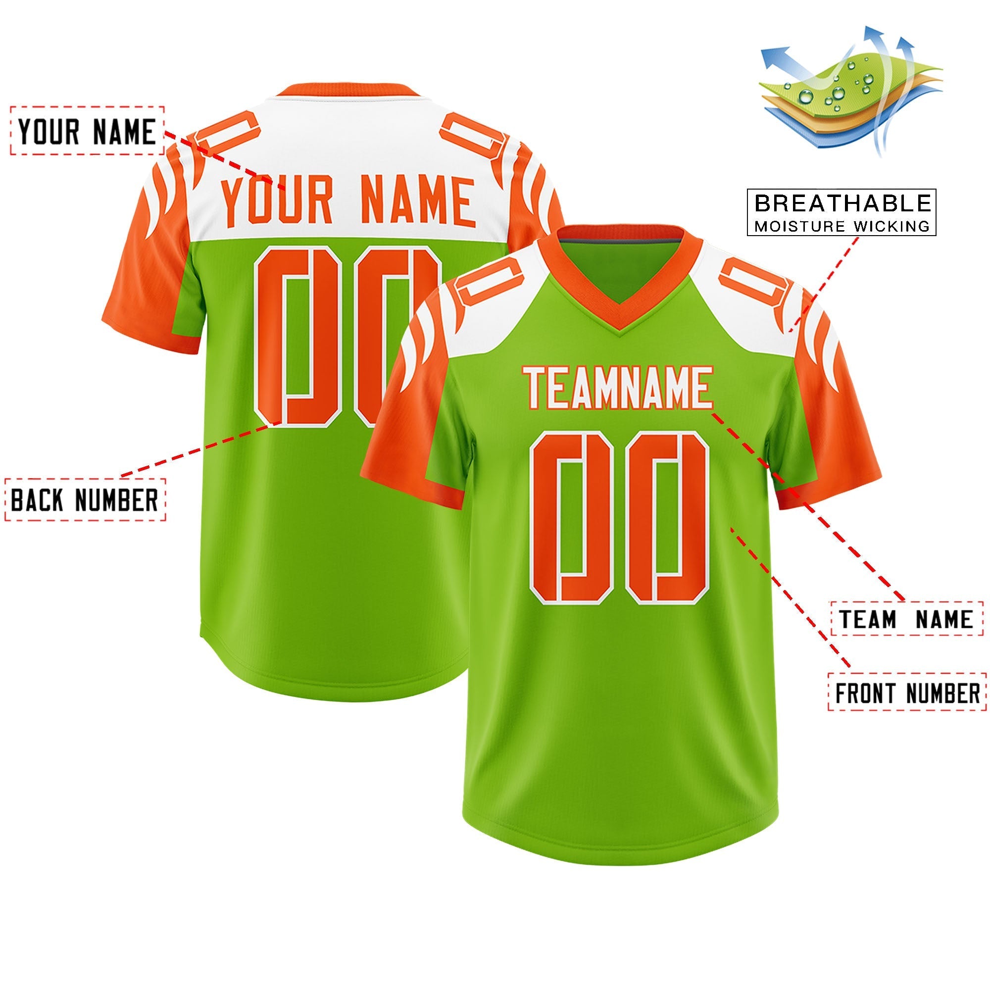 Custom Neon Green Orange Raglan Sleeves Personalized Pattern Authentic American Football Jersey