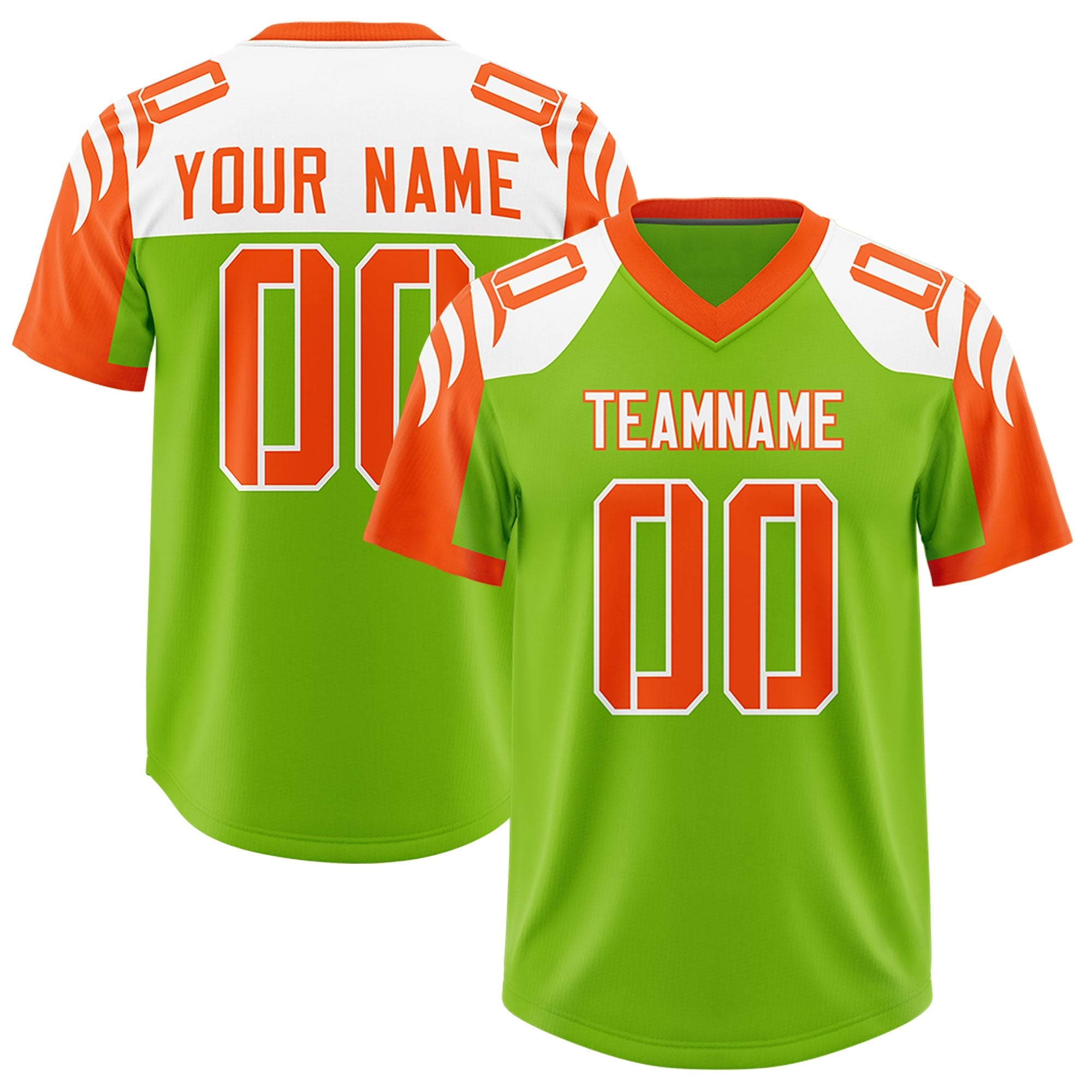 Custom Neon Green Orange Raglan Sleeves Personalized Pattern Authentic American Football Jersey
