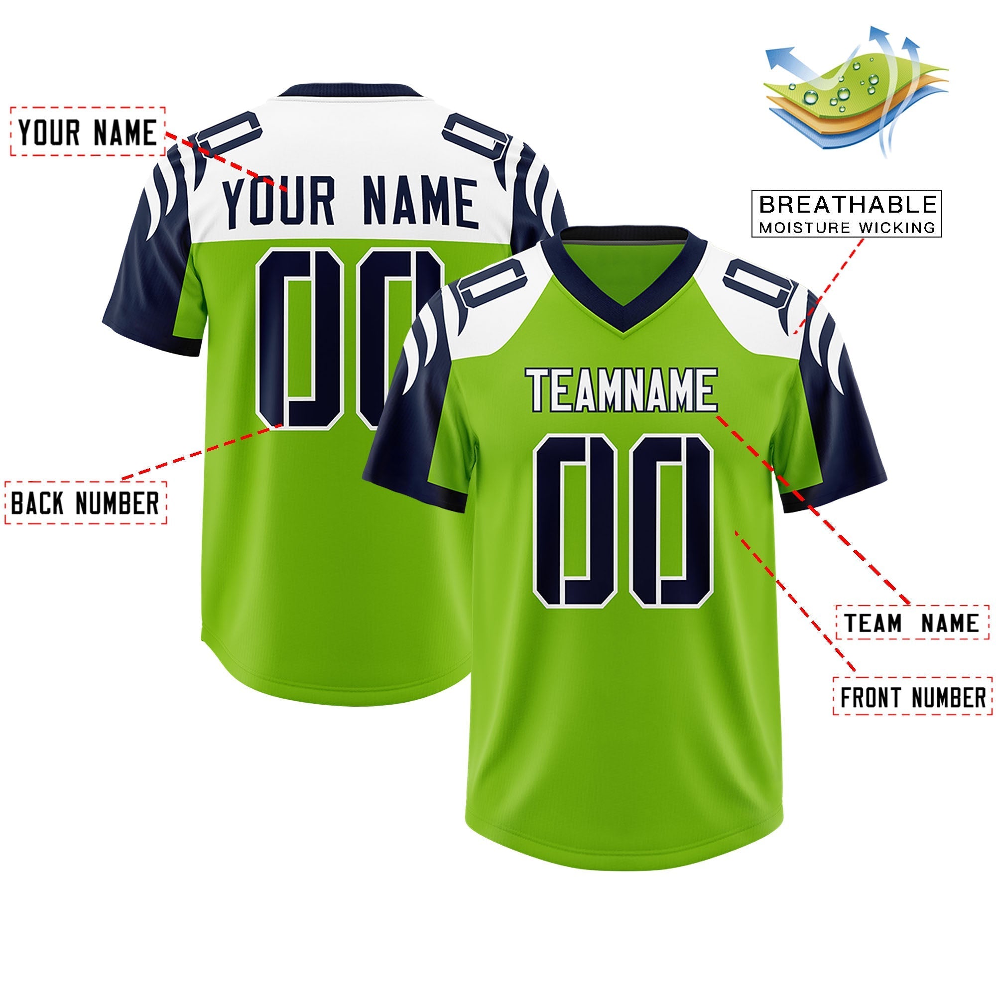 Custom Neon Green Navy Raglan Sleeves Personalized Pattern Authentic American Football Jersey