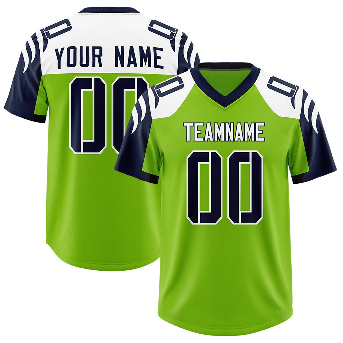 Custom Neon Green Navy Raglan Sleeves Personalized Pattern Authentic American Football Jersey